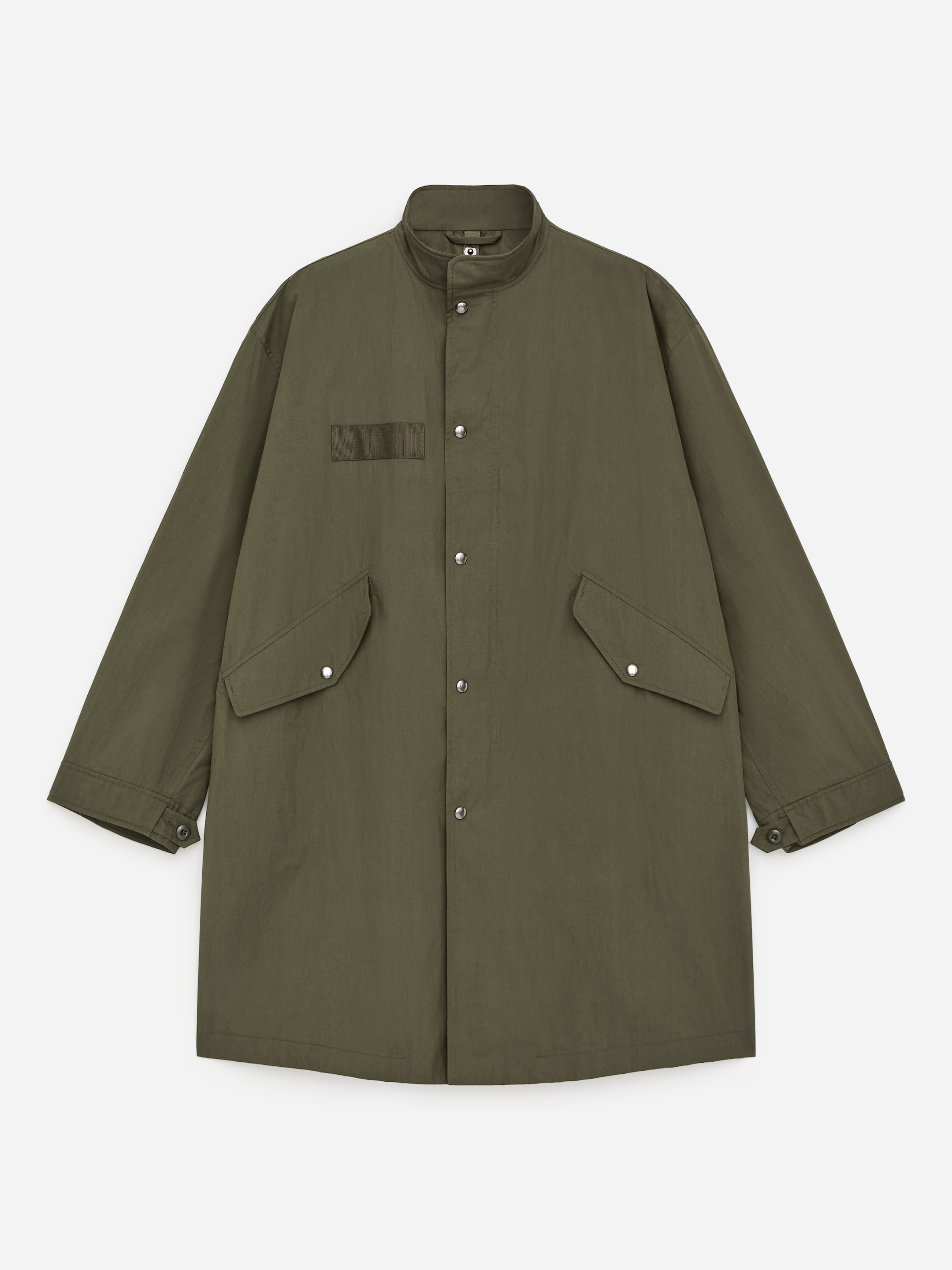 Olive green long coat with a stand collar, front snap buttons, two flap pockets, and a small chest pocket detail, laid flat.