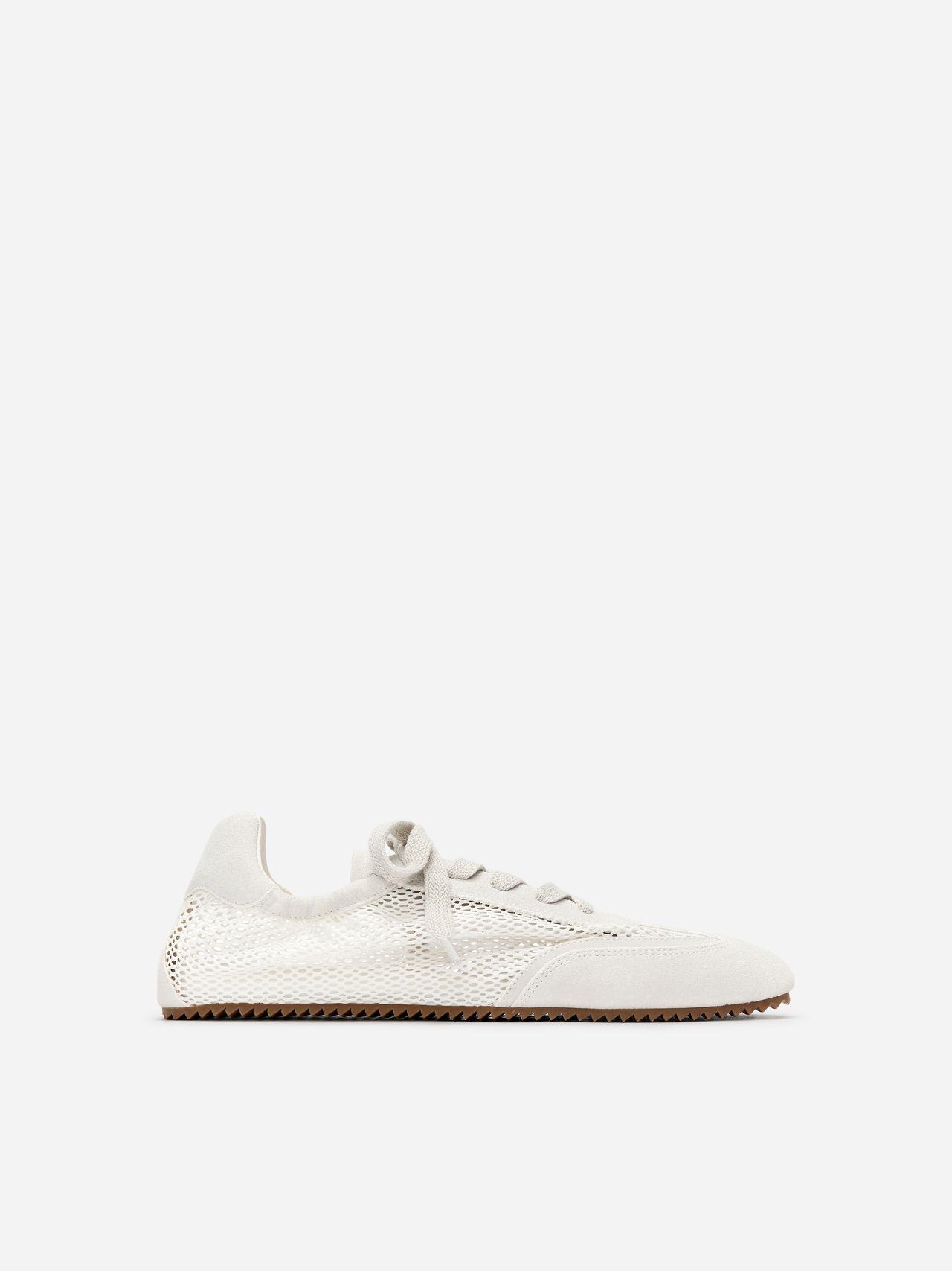 White low-top sneaker with a minimalist design, featuring a mesh upper, laces, and a simple rubber sole on a plain white background.