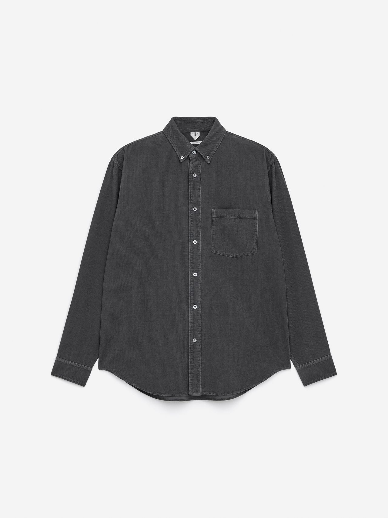 Dark gray button-up shirt with a collar and chest pocket, displayed on a plain white background.