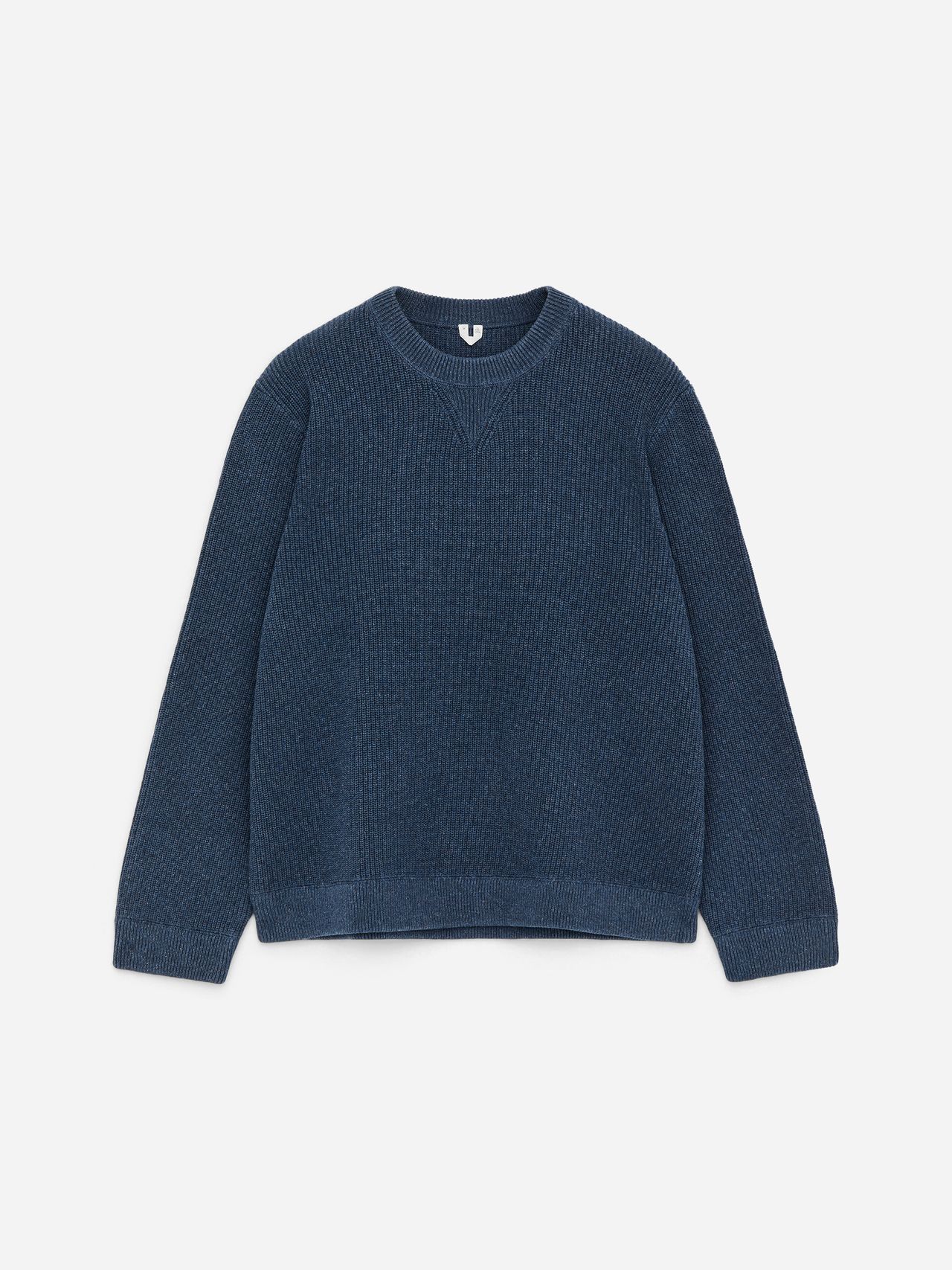 Blue ribbed knit sweater with a round neckline, viewed from the front against a white background.