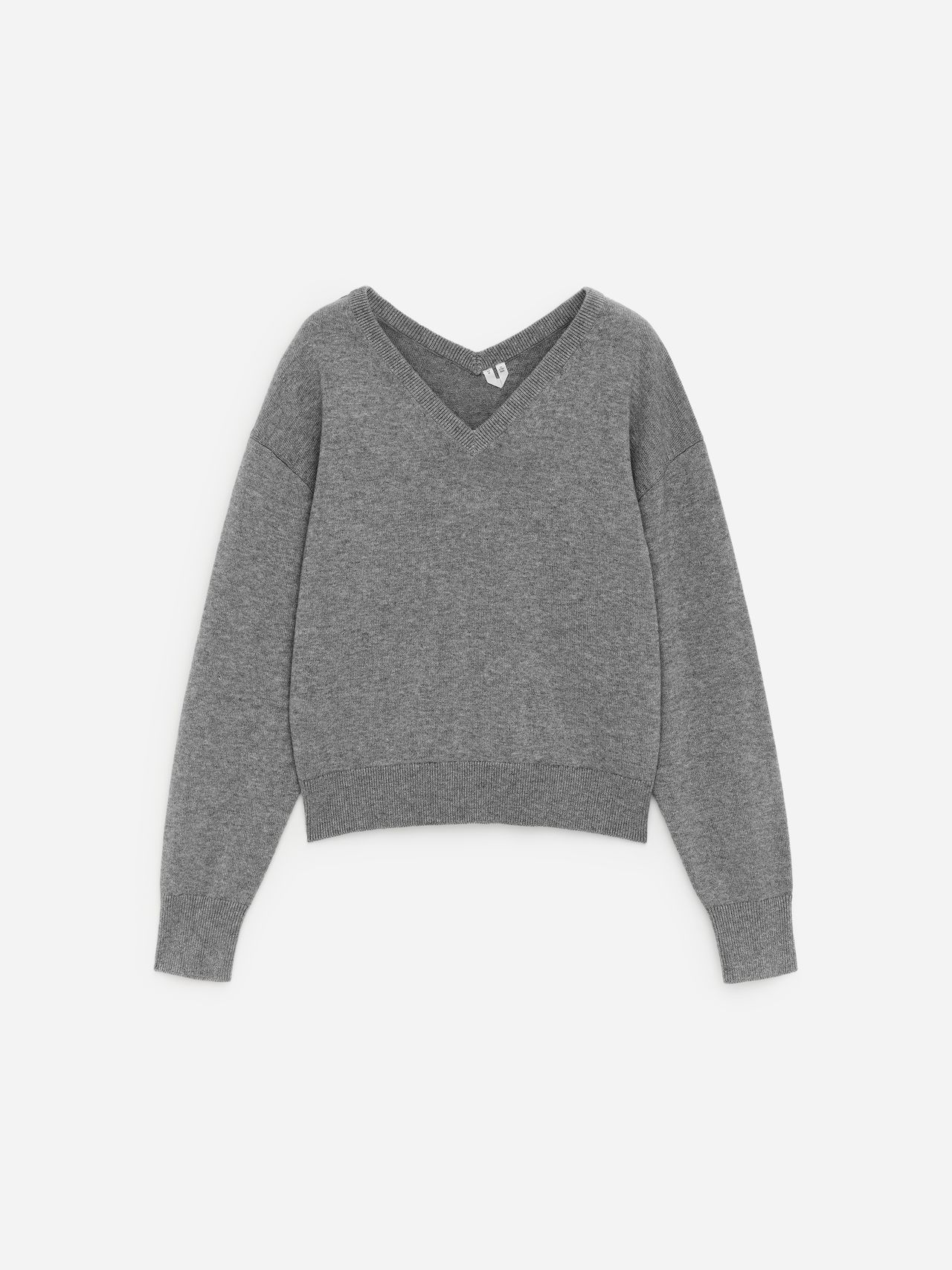 Front view of a gray V-neck sweater with long sleeves and ribbed cuffs and hem, laid flat on a plain white background.