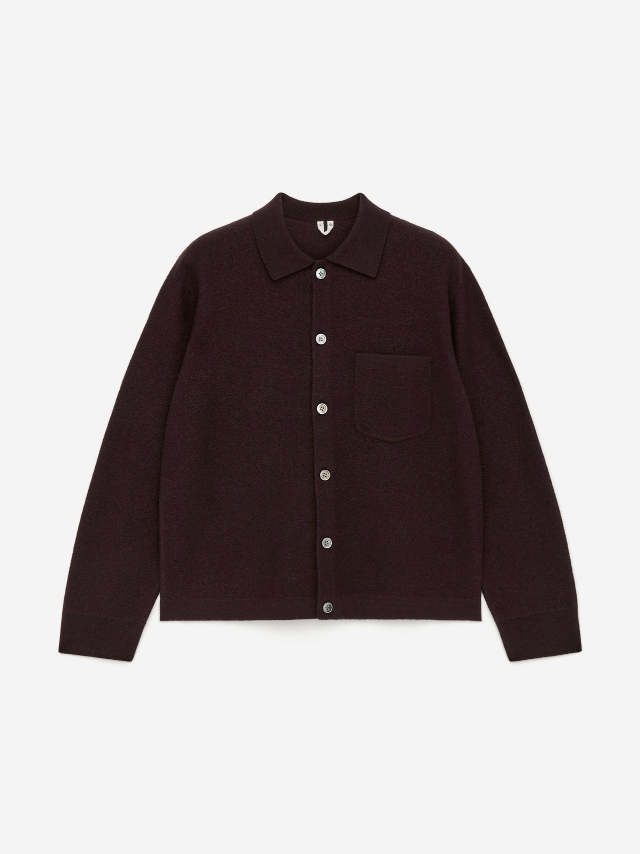 Dark brown button-up cardigan with a collar and a chest pocket, displayed on a plain white background.