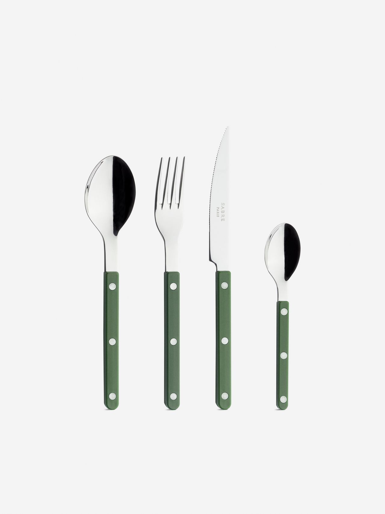 A set of stainless steel cutlery with green handles including a spoon, fork, knife, and teaspoon arranged vertically against a white background.