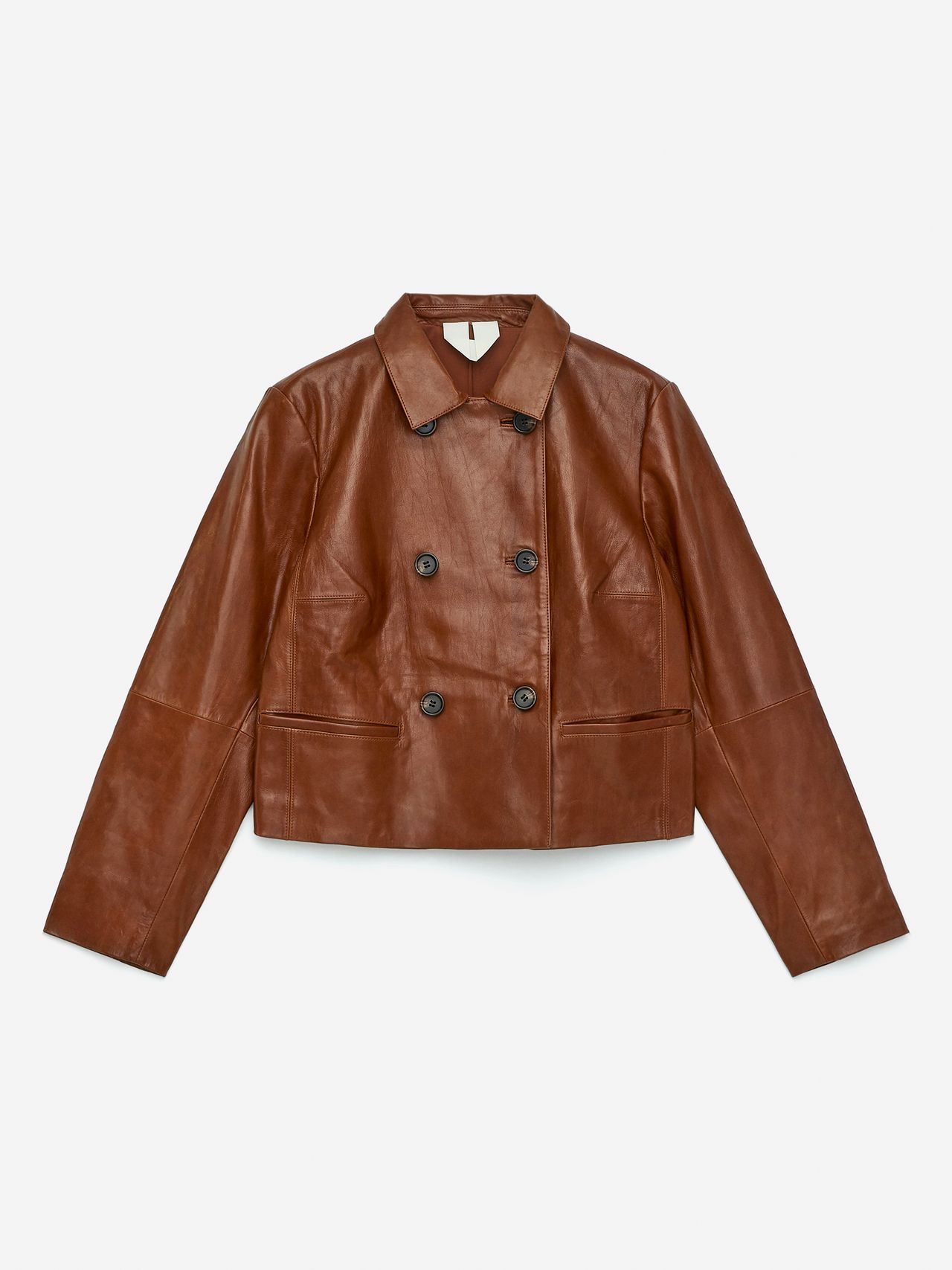 Brown leather double-breasted jacket with a notched collar and four buttons, laid flat on a white background.
