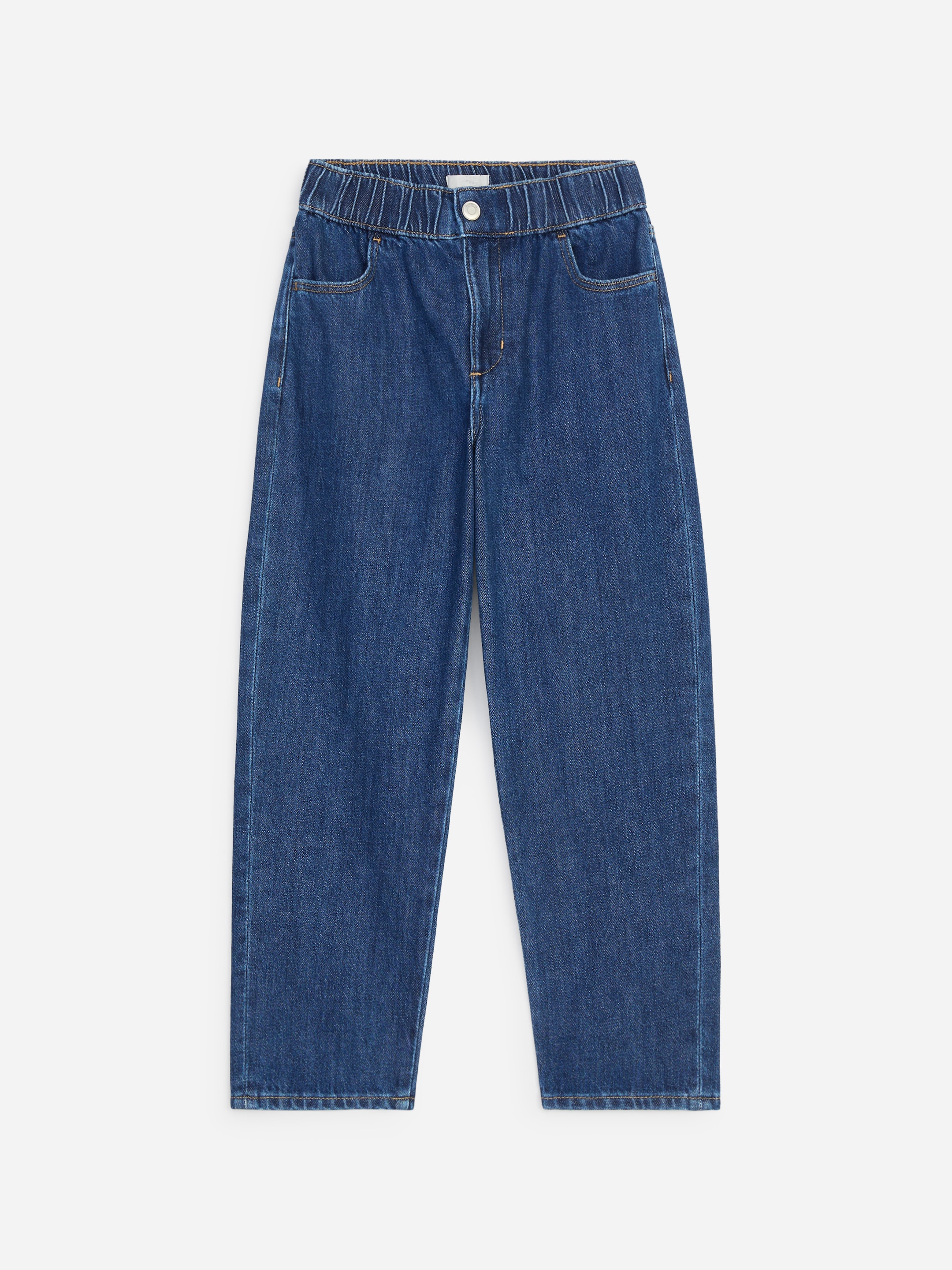 Blue denim jeans with an elastic waistband and button closure, featuring front pockets and straight legs, laid flat on a white background.