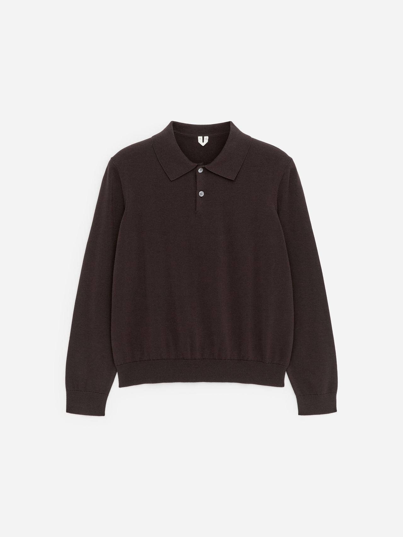 A black, long-sleeve polo shirt with a collar and three buttons, displayed on a plain white background.