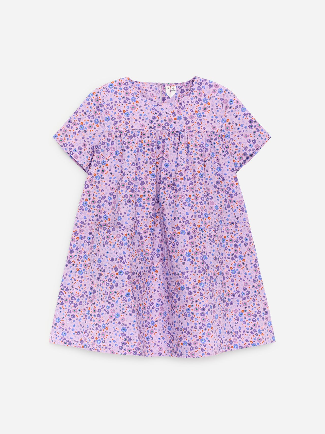 Purple short-sleeve dress with a floral pattern in orange and blue, featuring a loose fit and knee-length cut against a white background.