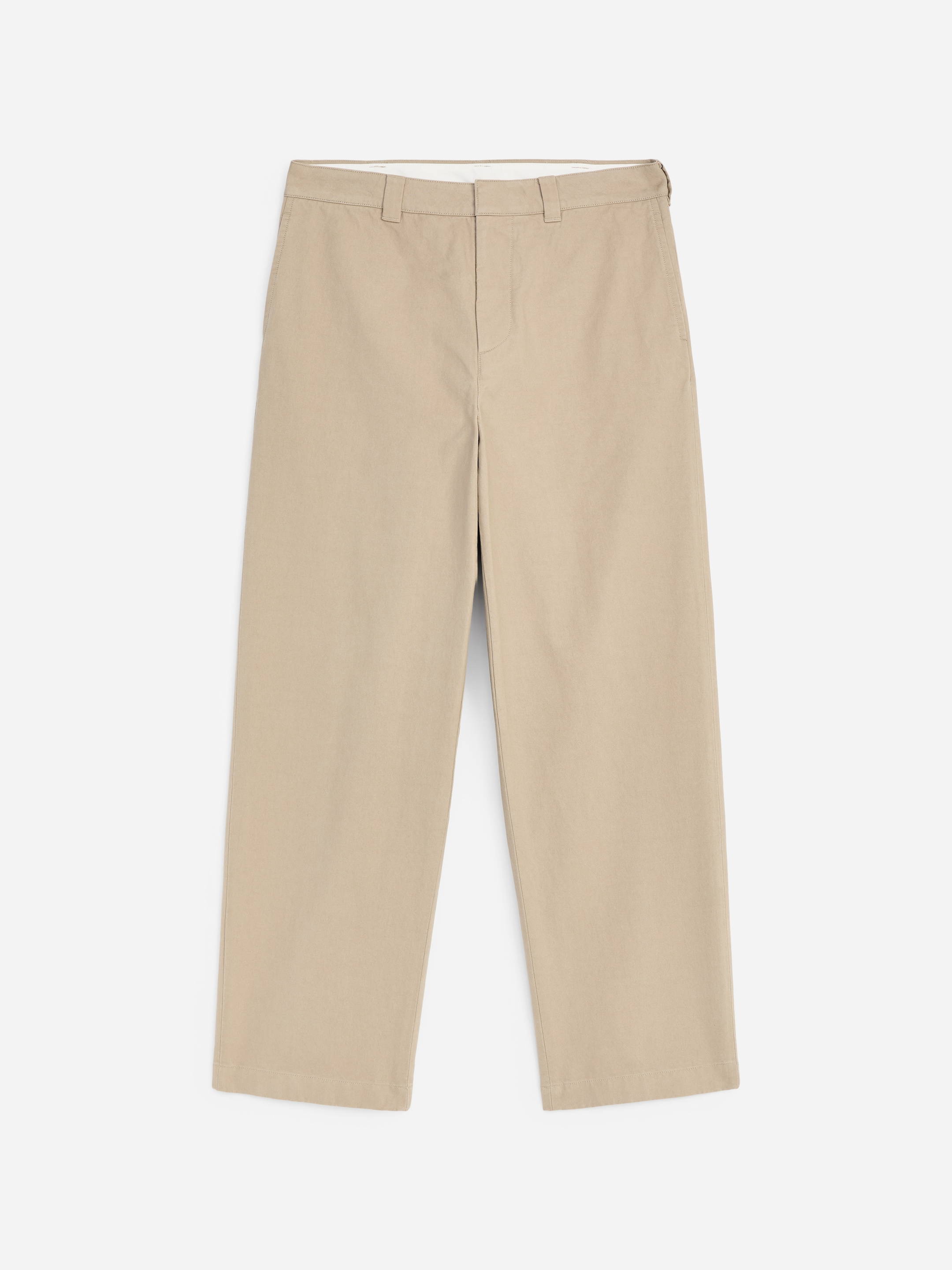Beige straight-leg pants with belt loops and button closure, displayed frontally on a white background.