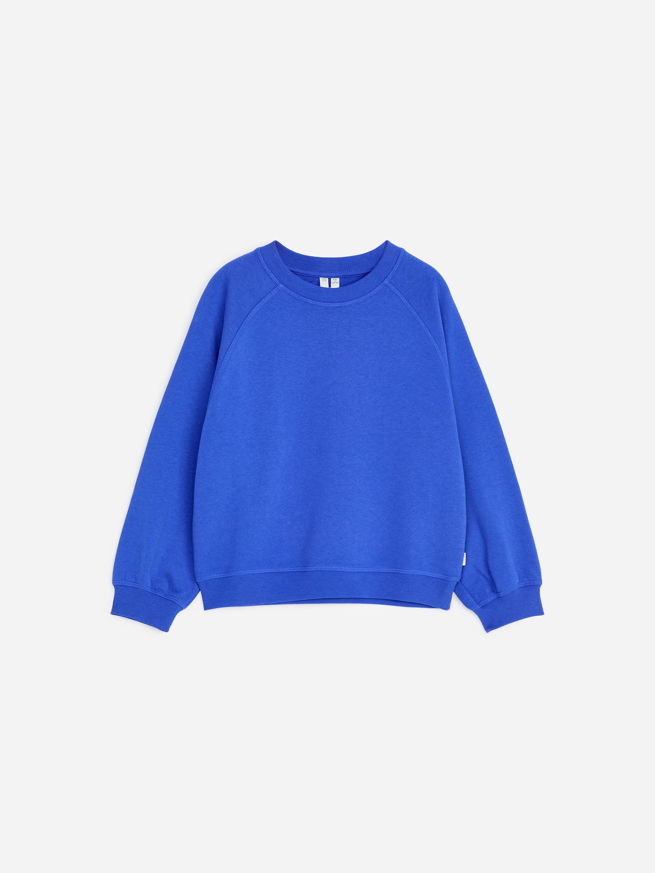 Blue crewneck sweatshirt with long sleeves, displayed on a white background.