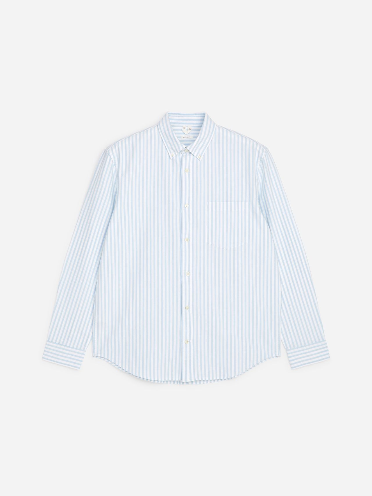 A light blue and white vertically striped long-sleeve button-up shirt with a collar and front pocket, displayed on a white background.
