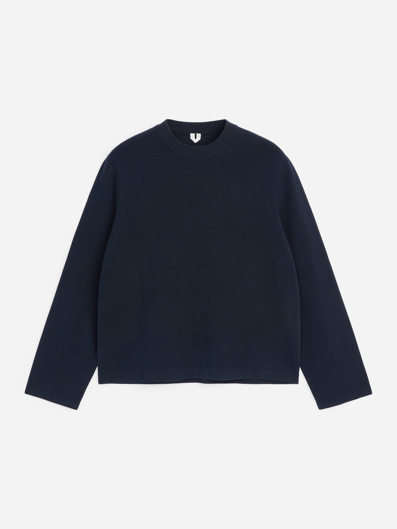 Dark blue long-sleeve crew neck sweater on a white background. Simple and minimalist design.