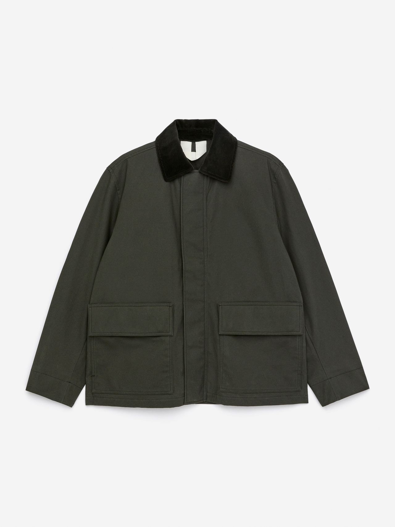 Dark green jacket with a black collar, front zipper, and two large front pockets, laid flat on a white background.