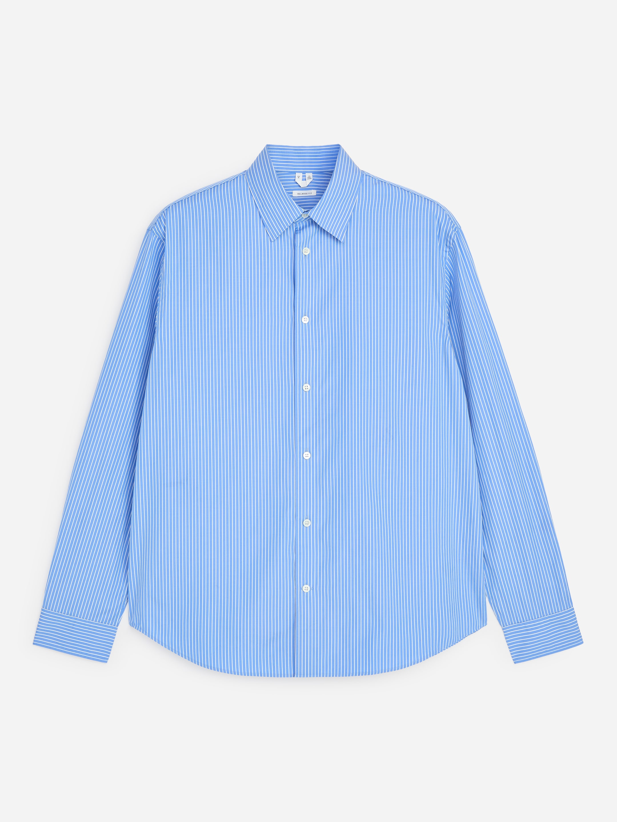 Blue and white pinstriped button-up shirt with a collar and long sleeves, displayed against a white background.