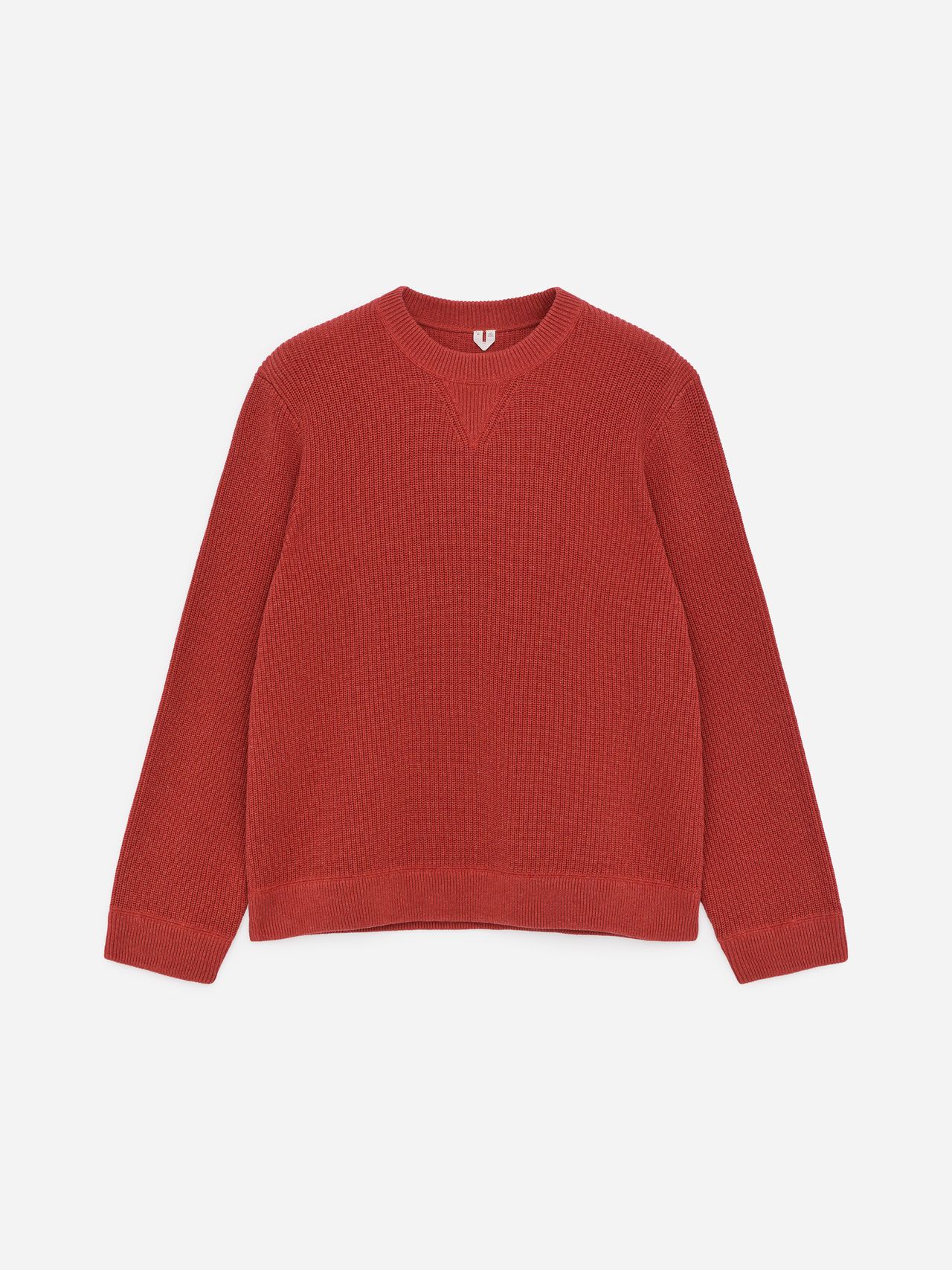 Red ribbed knit sweater with a crewneck design, long sleeves, and V-shaped detail on the neckline, displayed on a white background.