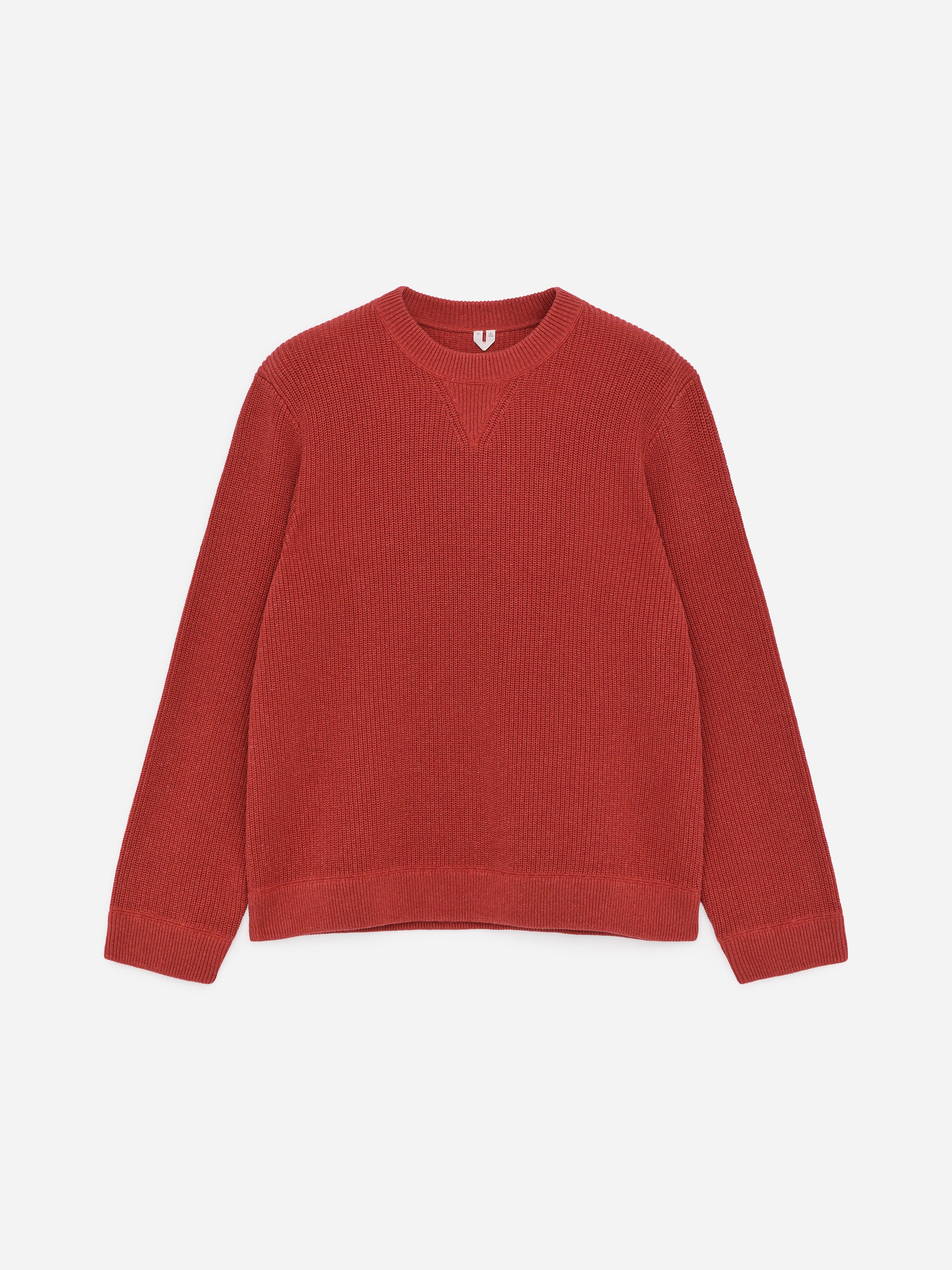 Red ribbed knit sweater with a crewneck design, long sleeves, and V-shaped detail on the neckline, displayed on a white background.