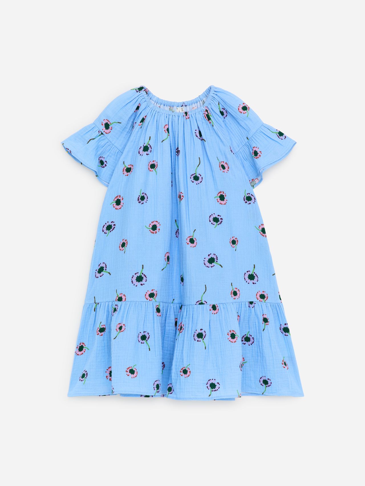 Light blue dress with colorful floral print, featuring ruffled short sleeves and a tiered hem.