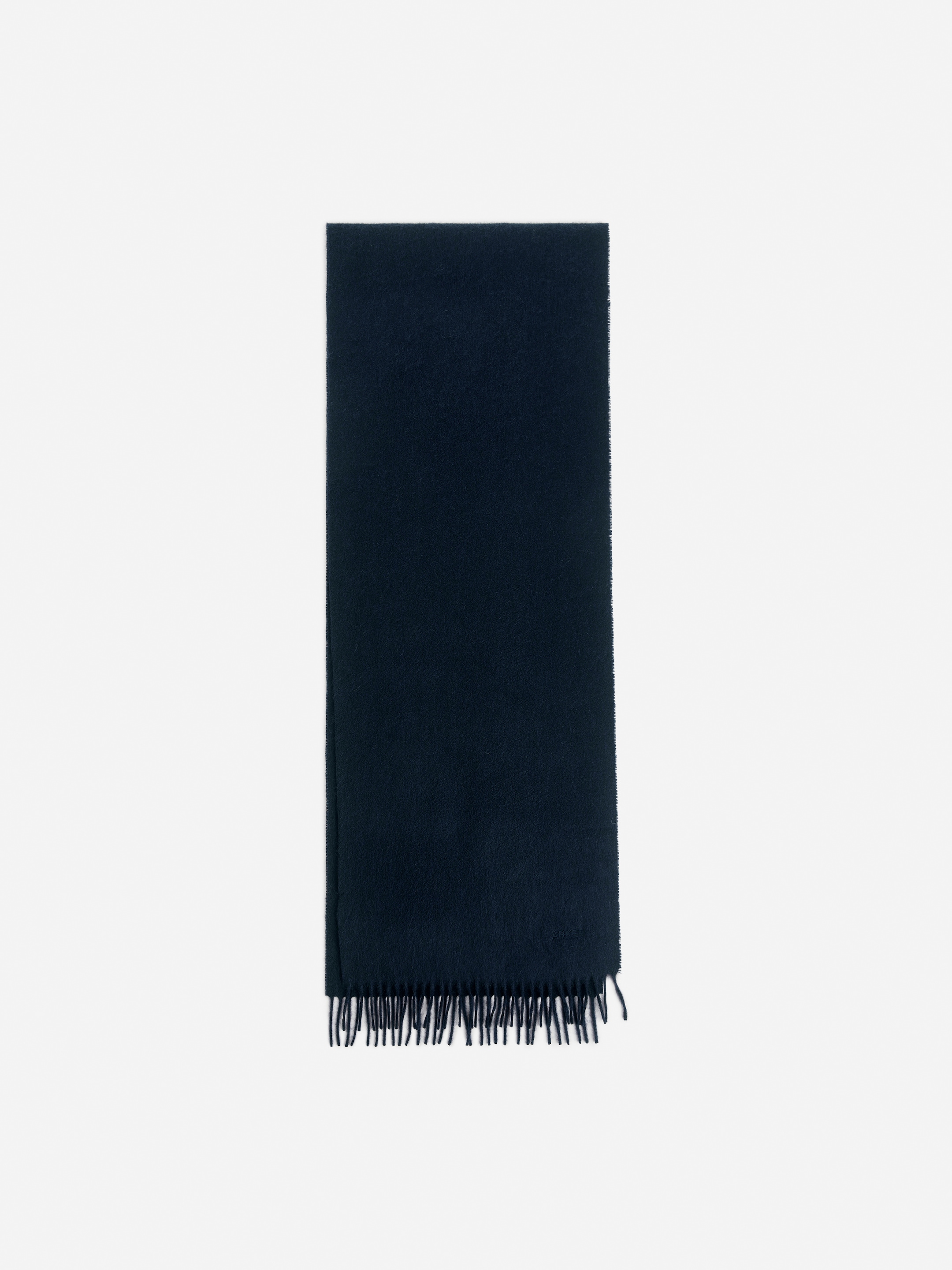 A neatly folded, dark navy scarf with fringed edges against a plain white background.