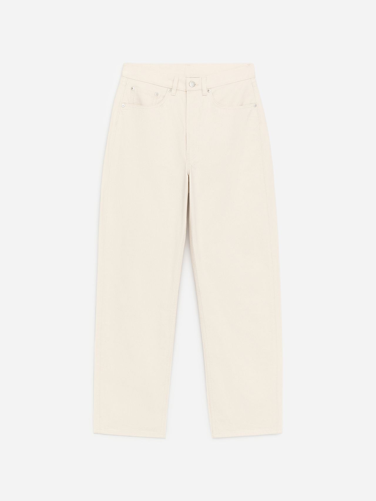 Cream-colored high-waisted pants with a straight-leg fit, button closure, and pocket details, displayed on a white background.