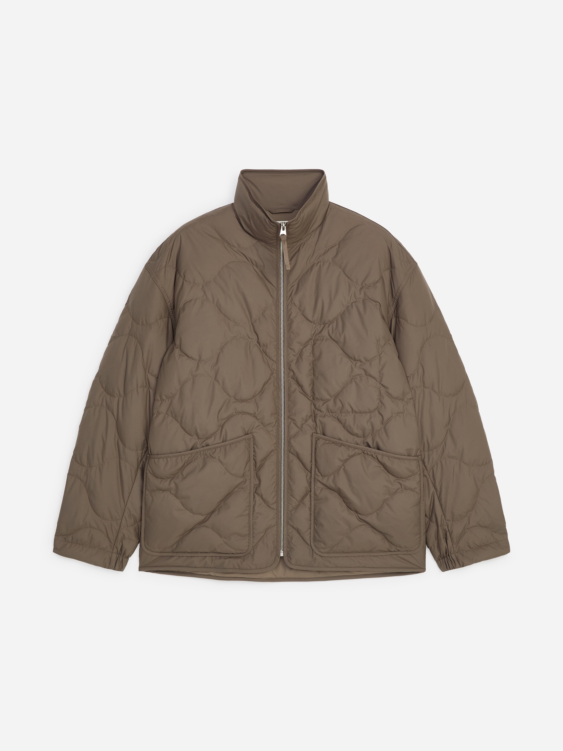 Brown quilted jacket with a high collar, front zipper, and two large square pockets.