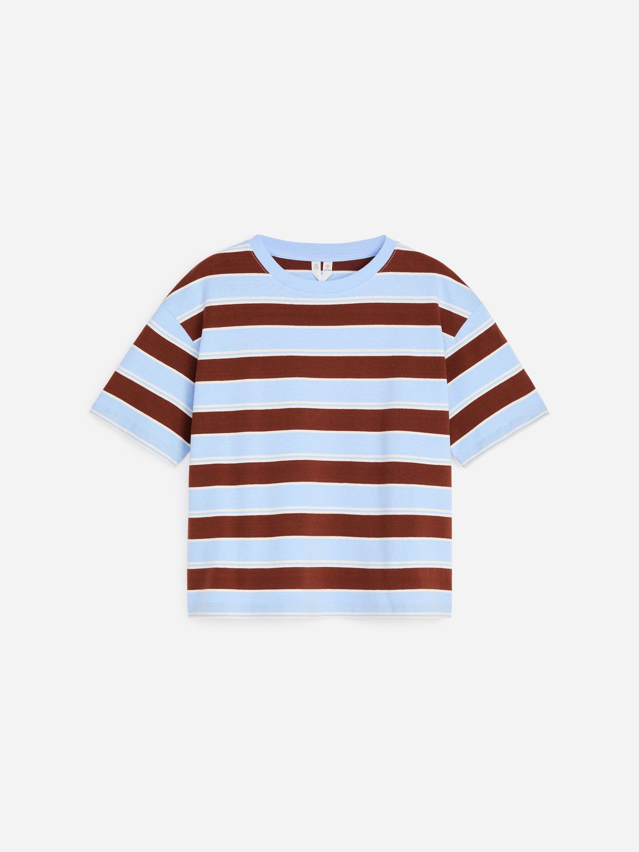 A t-shirt with brown and light blue horizontal stripes, featuring short sleeves and a round neckline, against a plain white background.