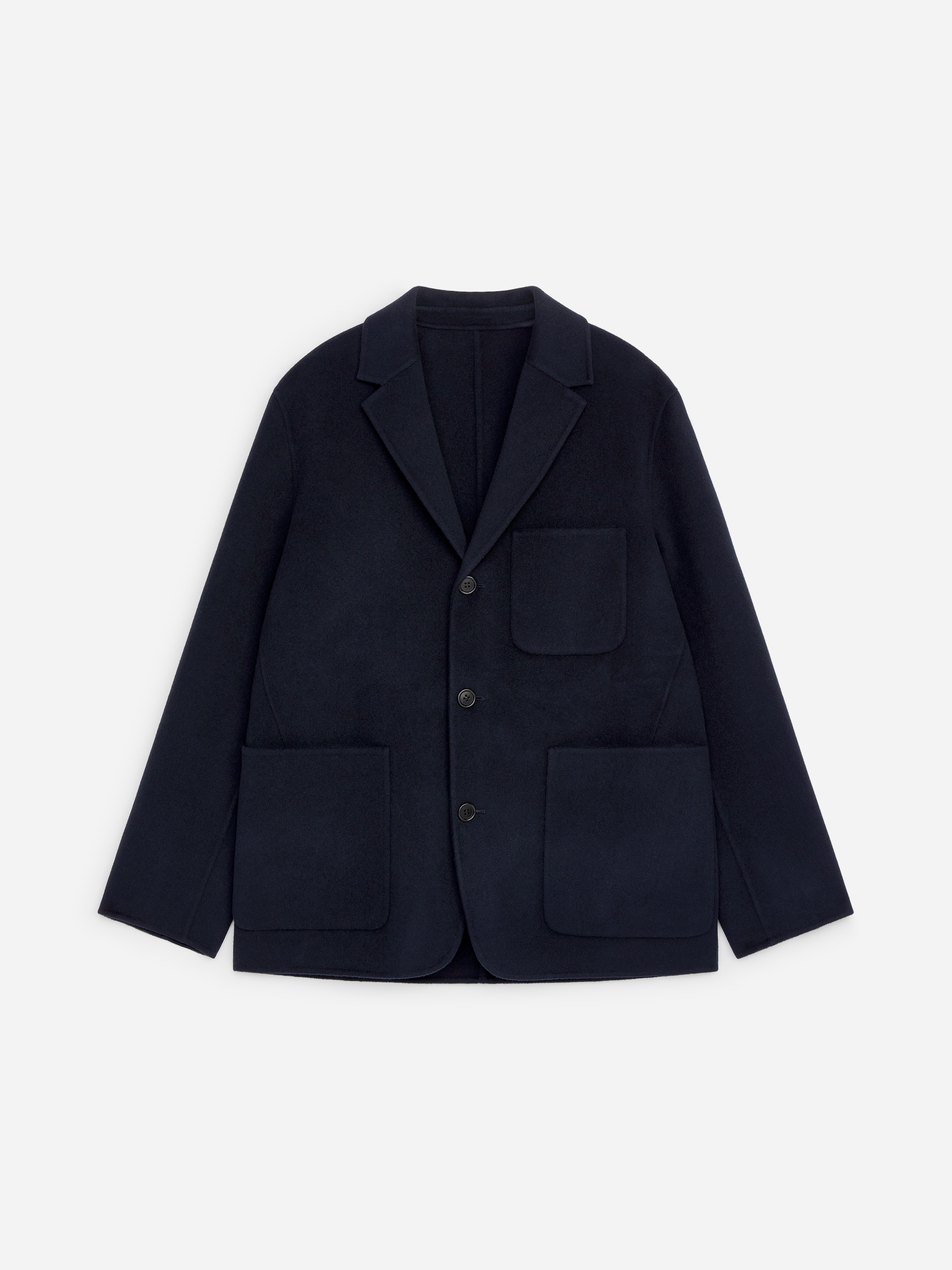 A navy blue wool blazer with a notched lapel, three visible buttons, and three front pockets, displayed on a white background.