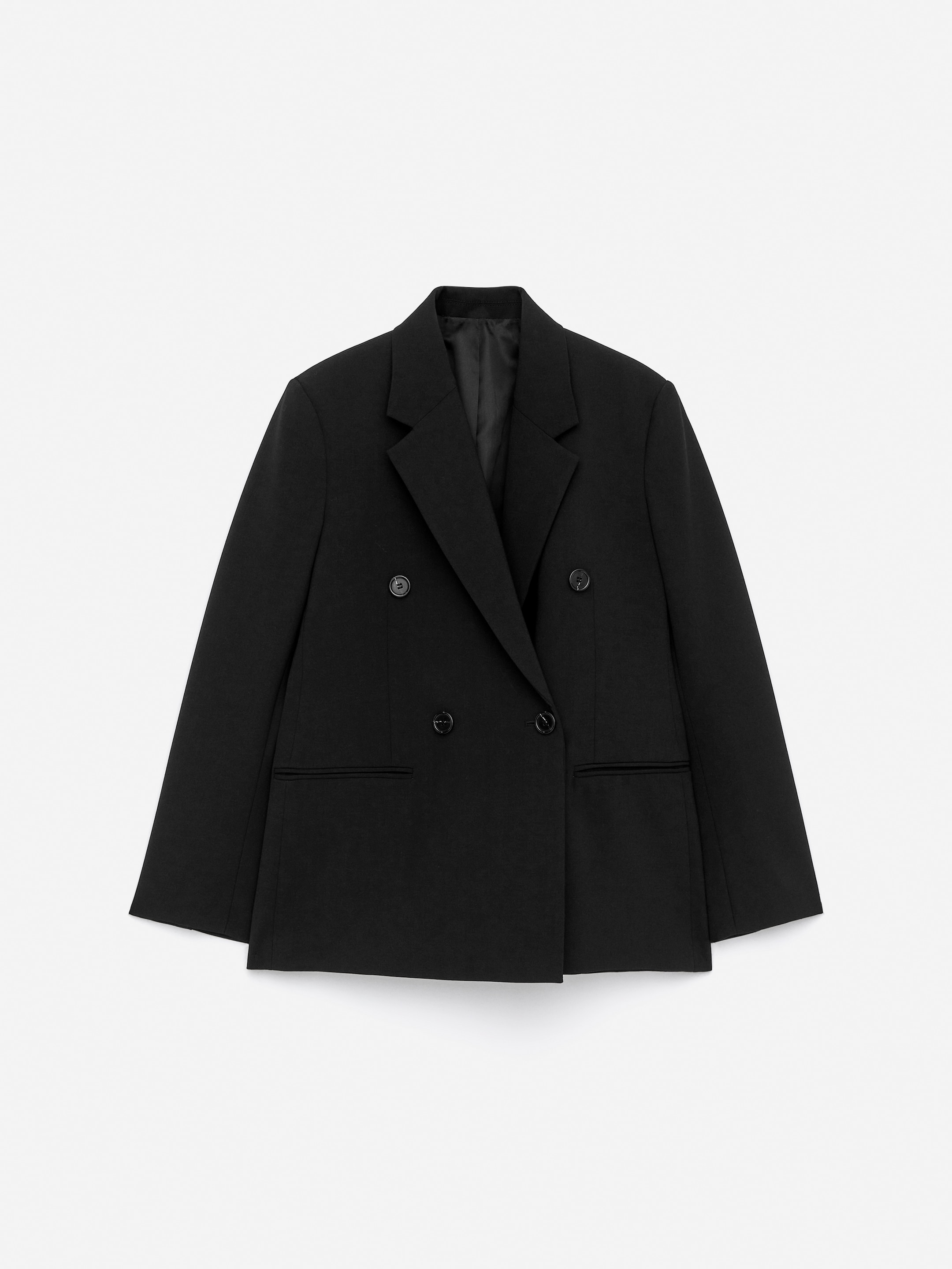 Black double-breasted blazer with notched lapels and two rows of buttons, laid flat on a white background.