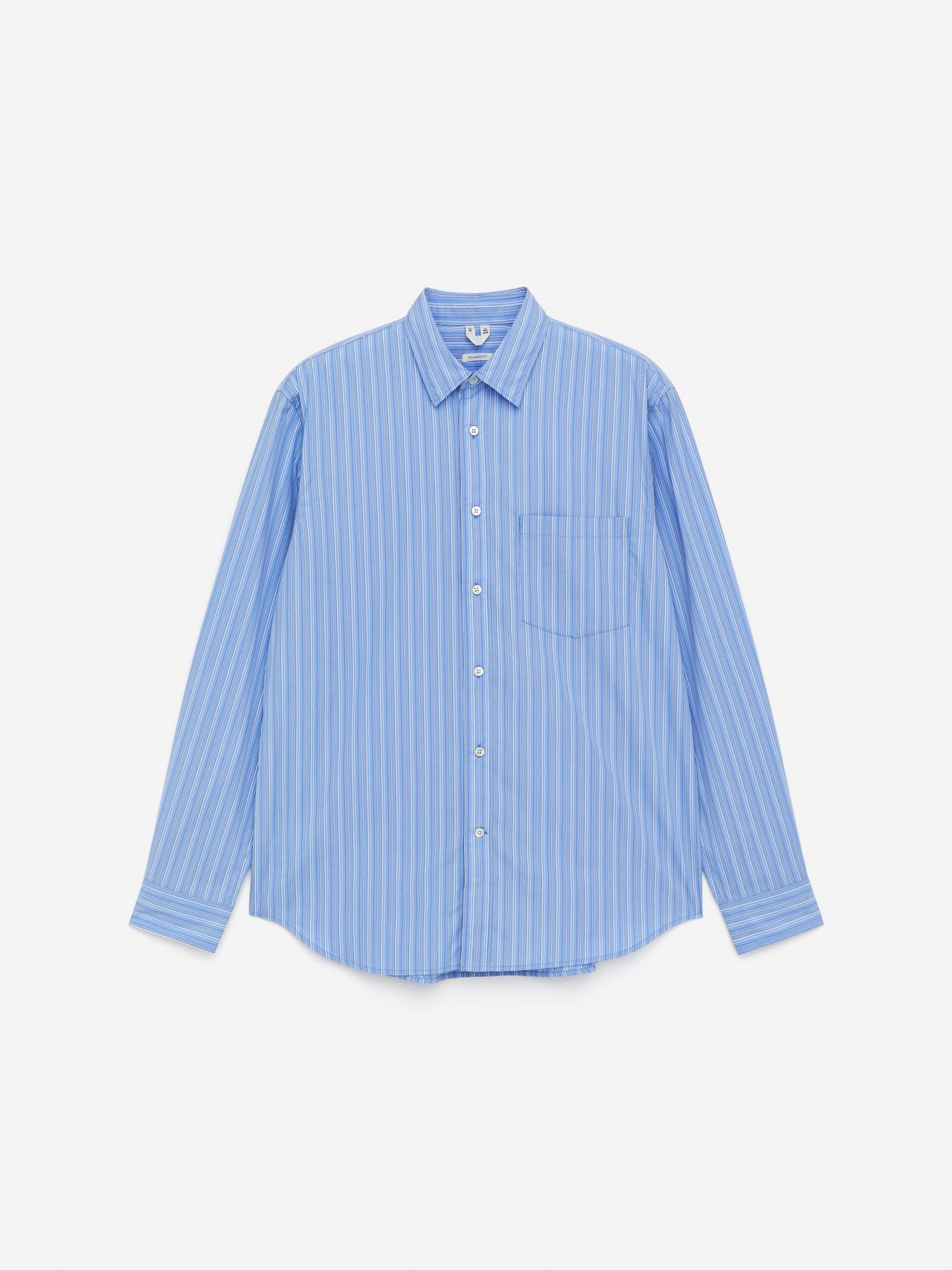 Light blue, long-sleeve, button-up shirt with vertical stripes and chest pocket, displayed on a plain white background.