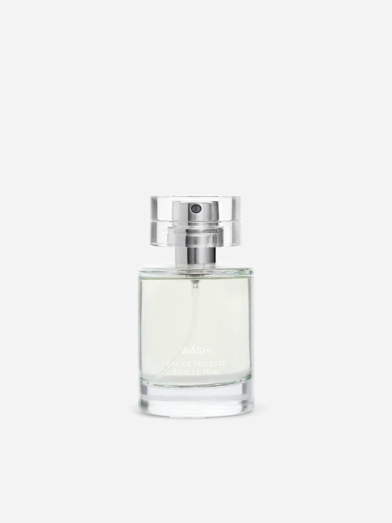 Clear glass perfume bottle labeled "Washi Eau de Toilette", 50ml, on a white background.
