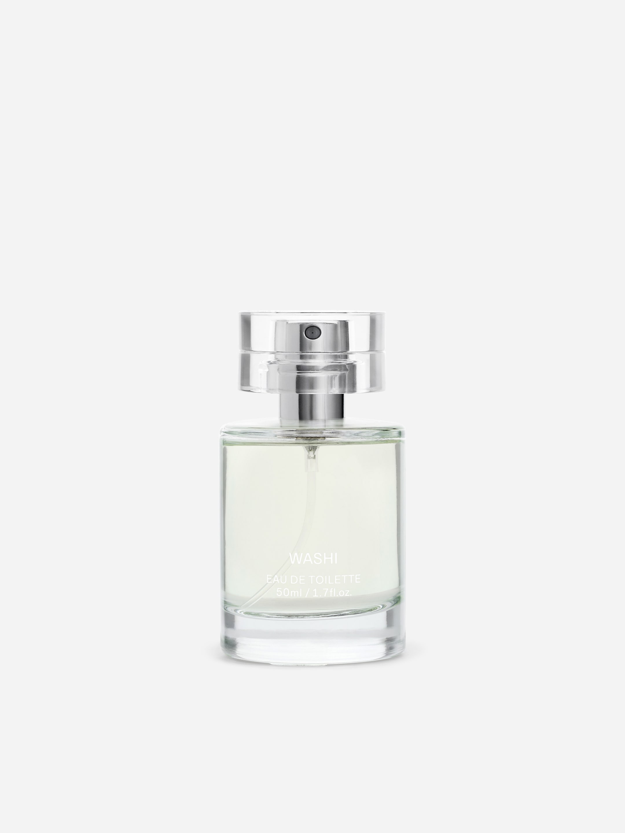 Clear glass perfume bottle labeled "Washi Eau de Toilette", 50ml, on a white background.