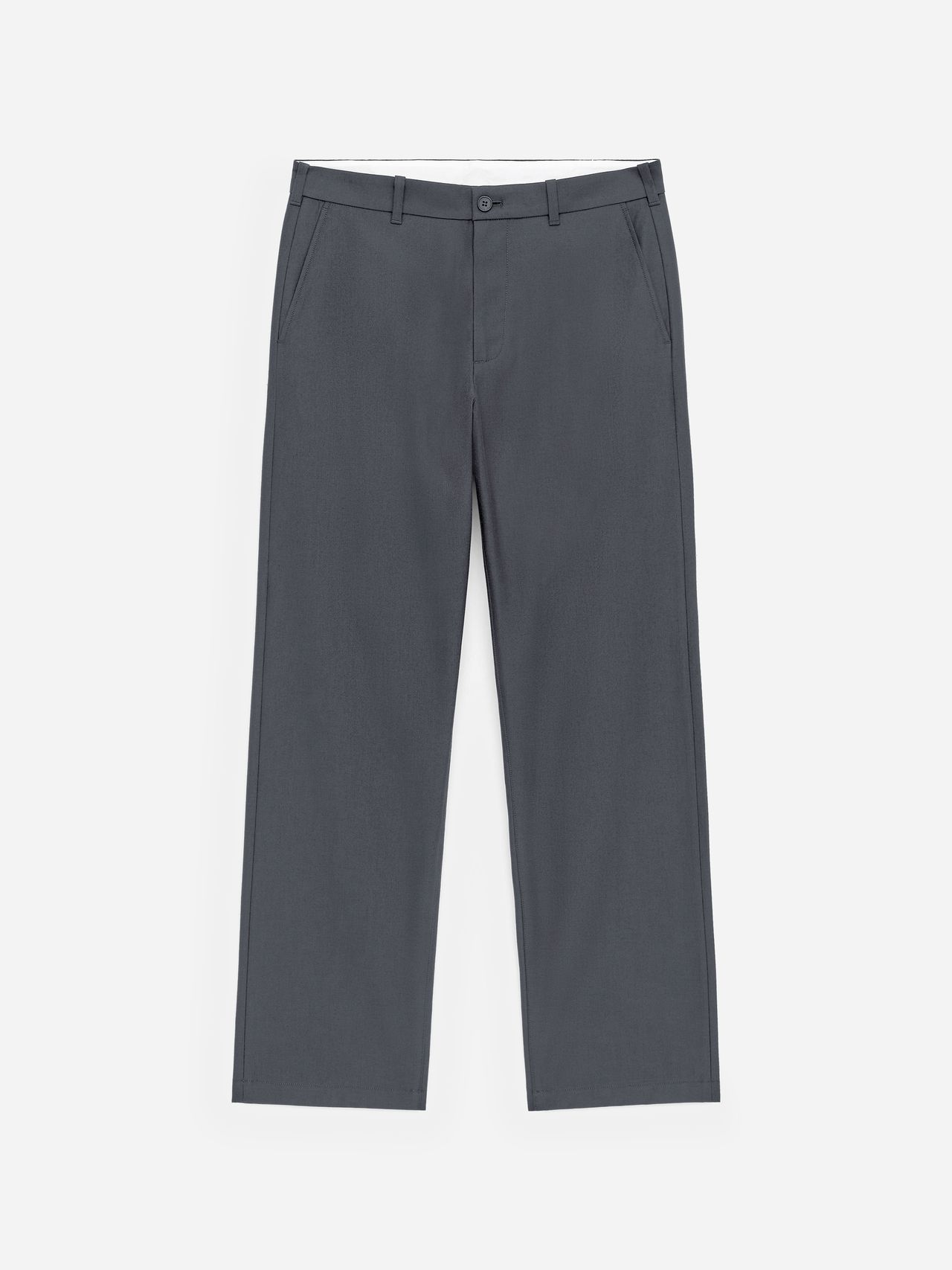 Flat-lay dark gray straight-leg trousers with belt loops, button closure and side pockets on white background.