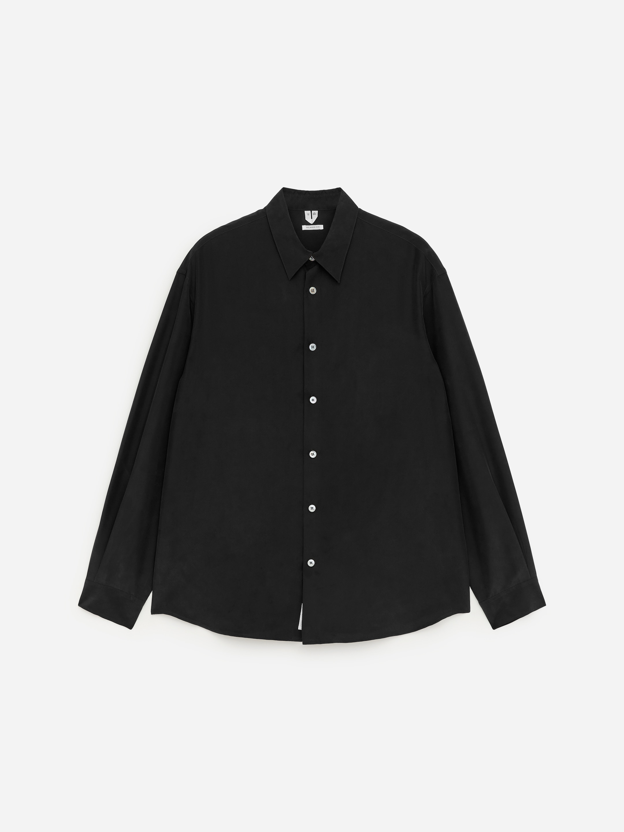 Black long-sleeve button-up shirt with white buttons, featuring a classic collar, displayed against a plain white background.