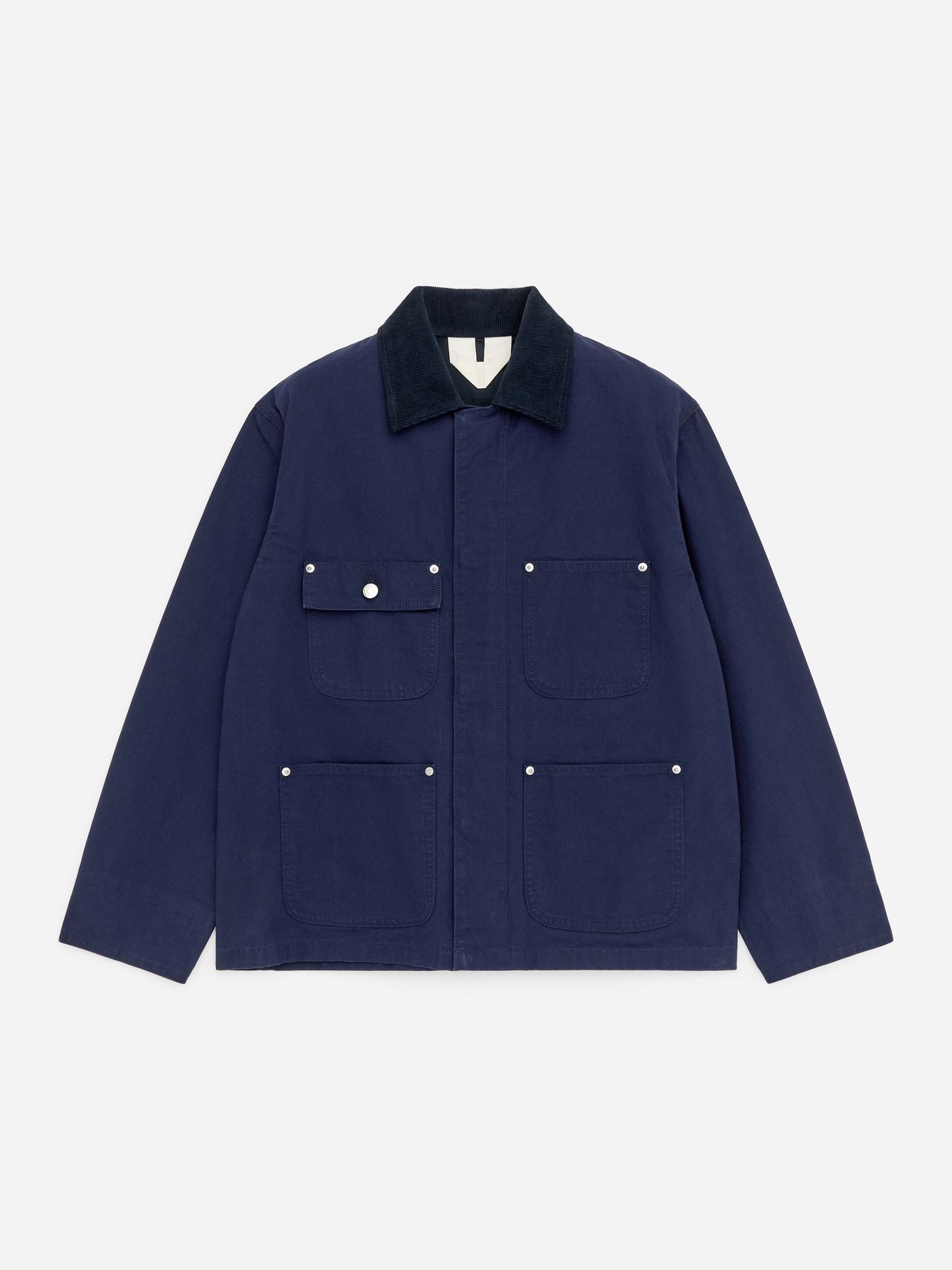Navy blue jacket with a black collar, buttoned front, and four pockets, including one with a flap and button.