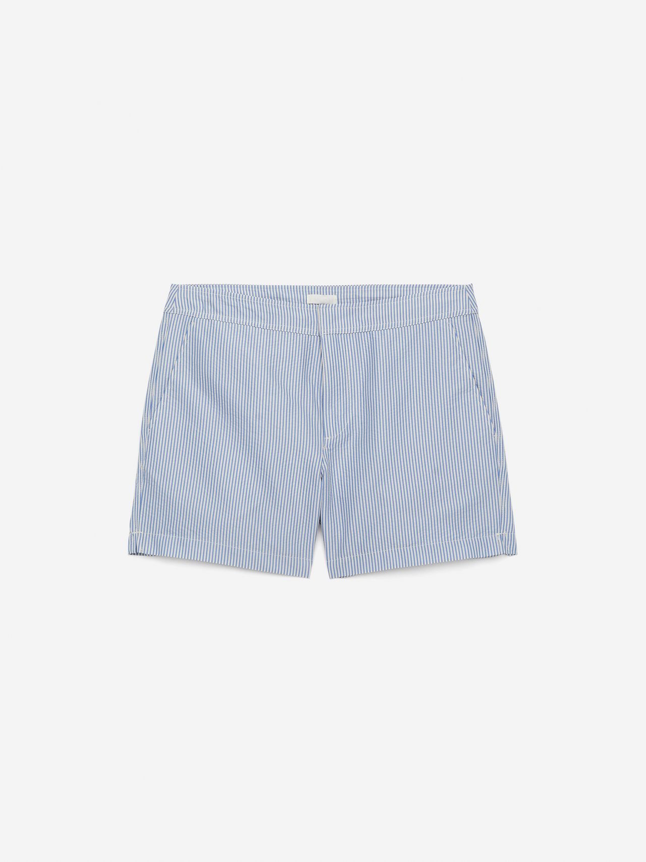 Blue and white striped shorts with an elastic waistband and a clean, tailored look, displayed against a plain white background.