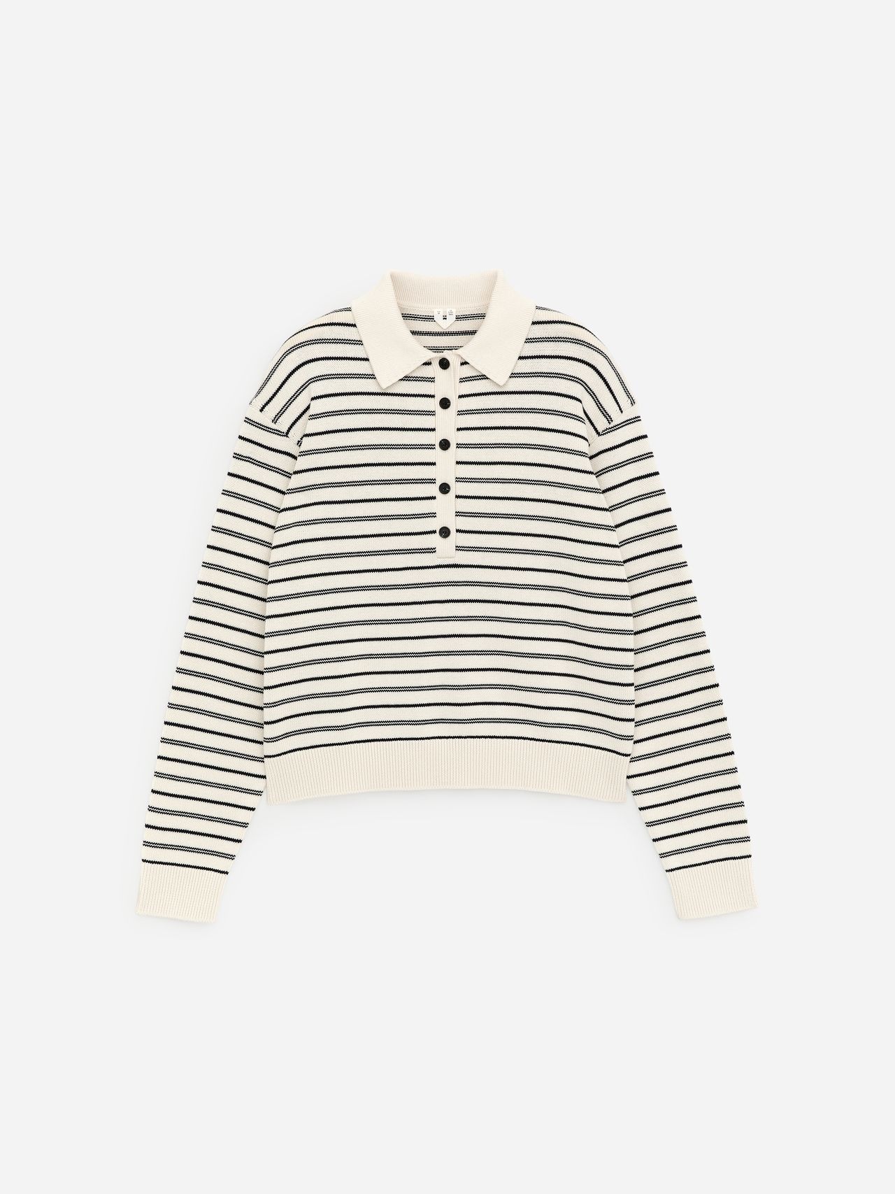 Striped long-sleeve polo sweater with black and white horizontal stripes, button-up front, and ribbed cuffs on a white background.