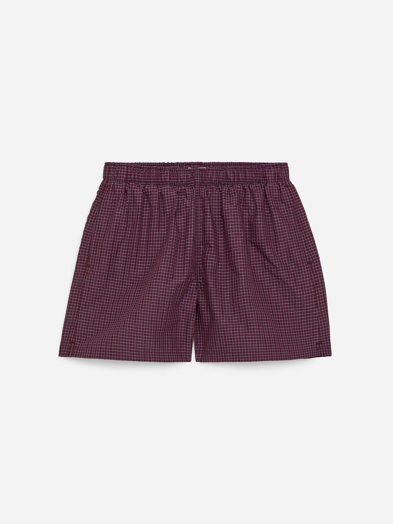 Burgundy plaid boxer shorts with an elastic waistband, displayed on a white background.
