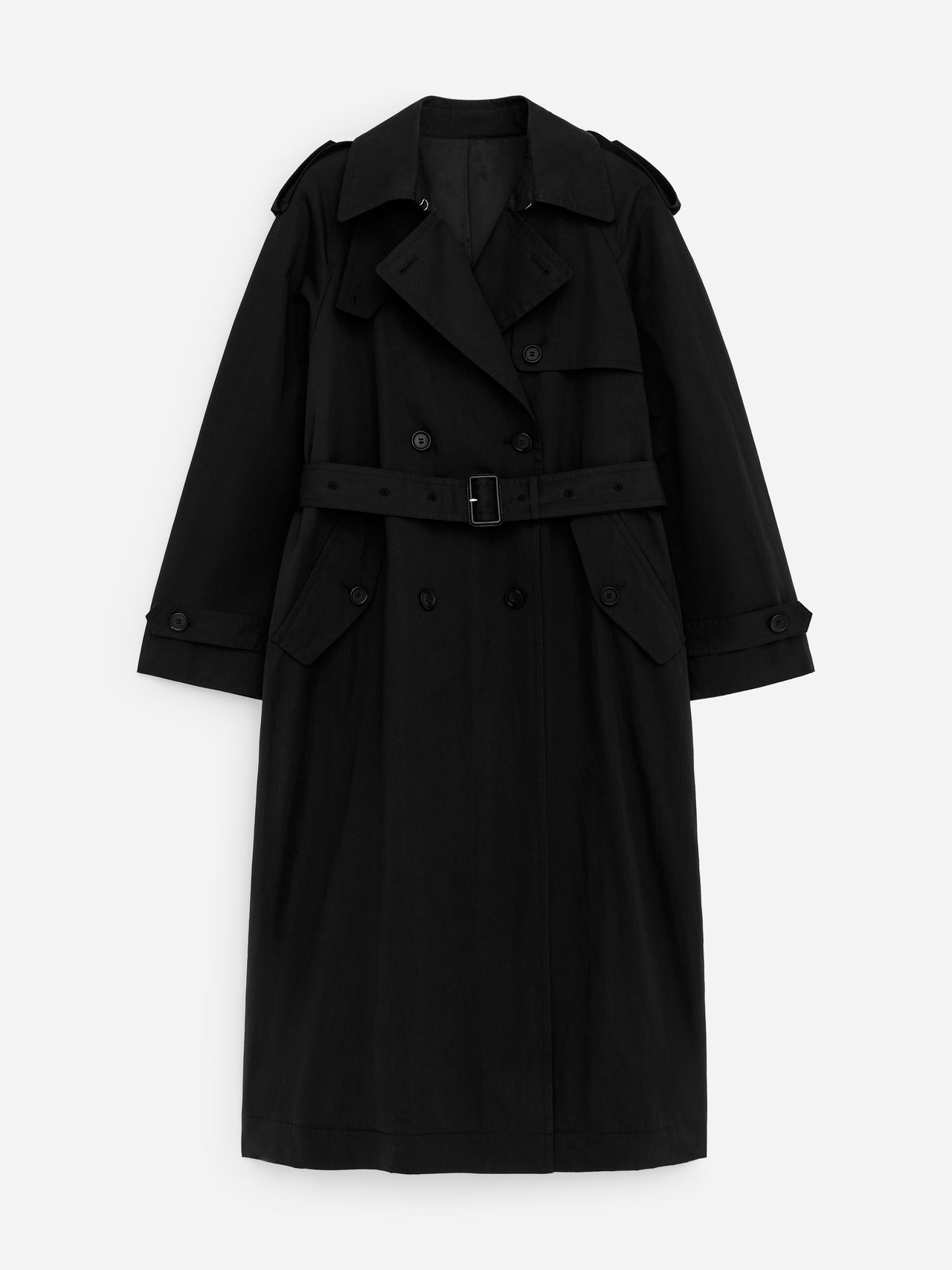 Black trench coat with a belt and buttoned cuffs, featuring lapels and front pockets, displayed against a plain white background.