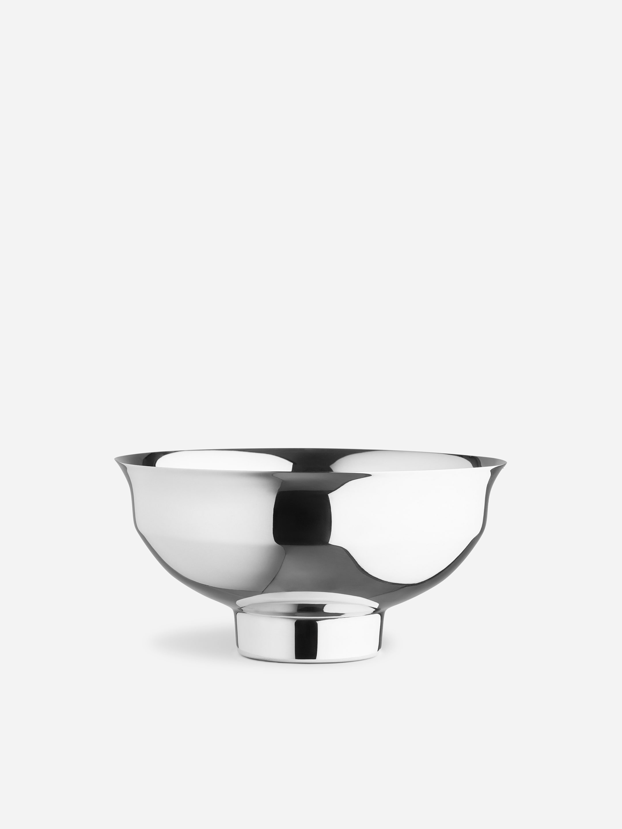 Silver reflective bowl with a wide, shallow design on a circular base, set against a plain white background.