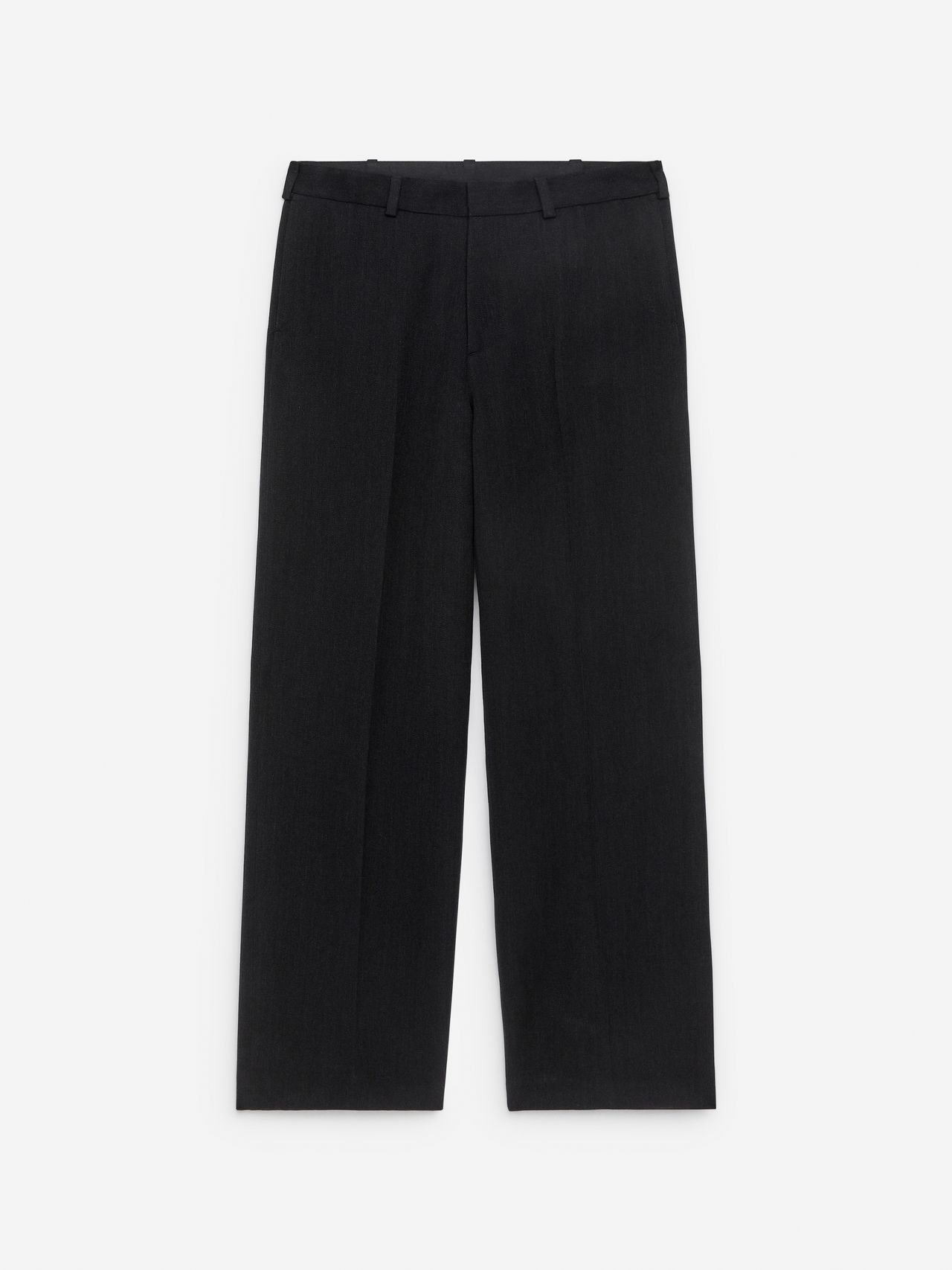 Black wide-leg trousers with a high waist, belt loops, and a minimalist design, displayed against a white background.
