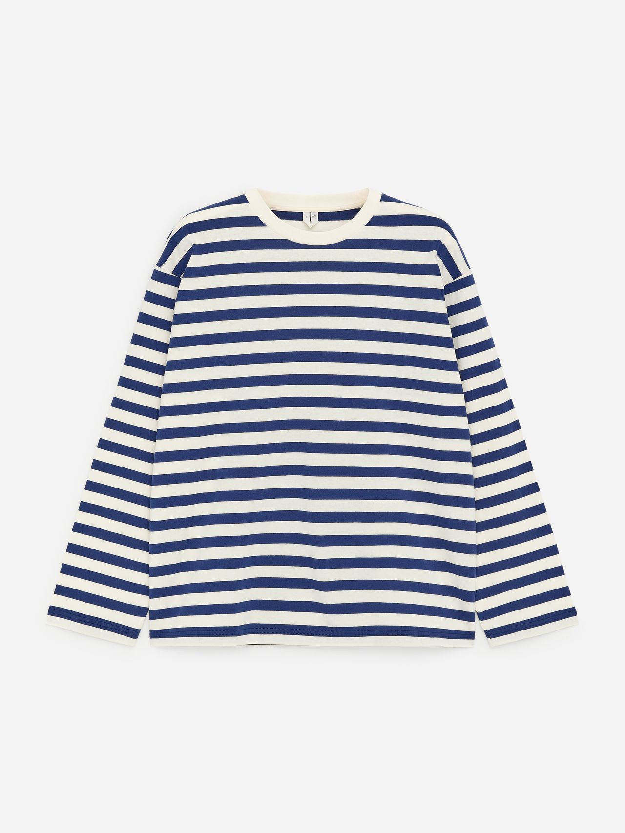 Long-sleeved shirt with navy and white horizontal stripes and a white round neckline, laid flat against a white background.
