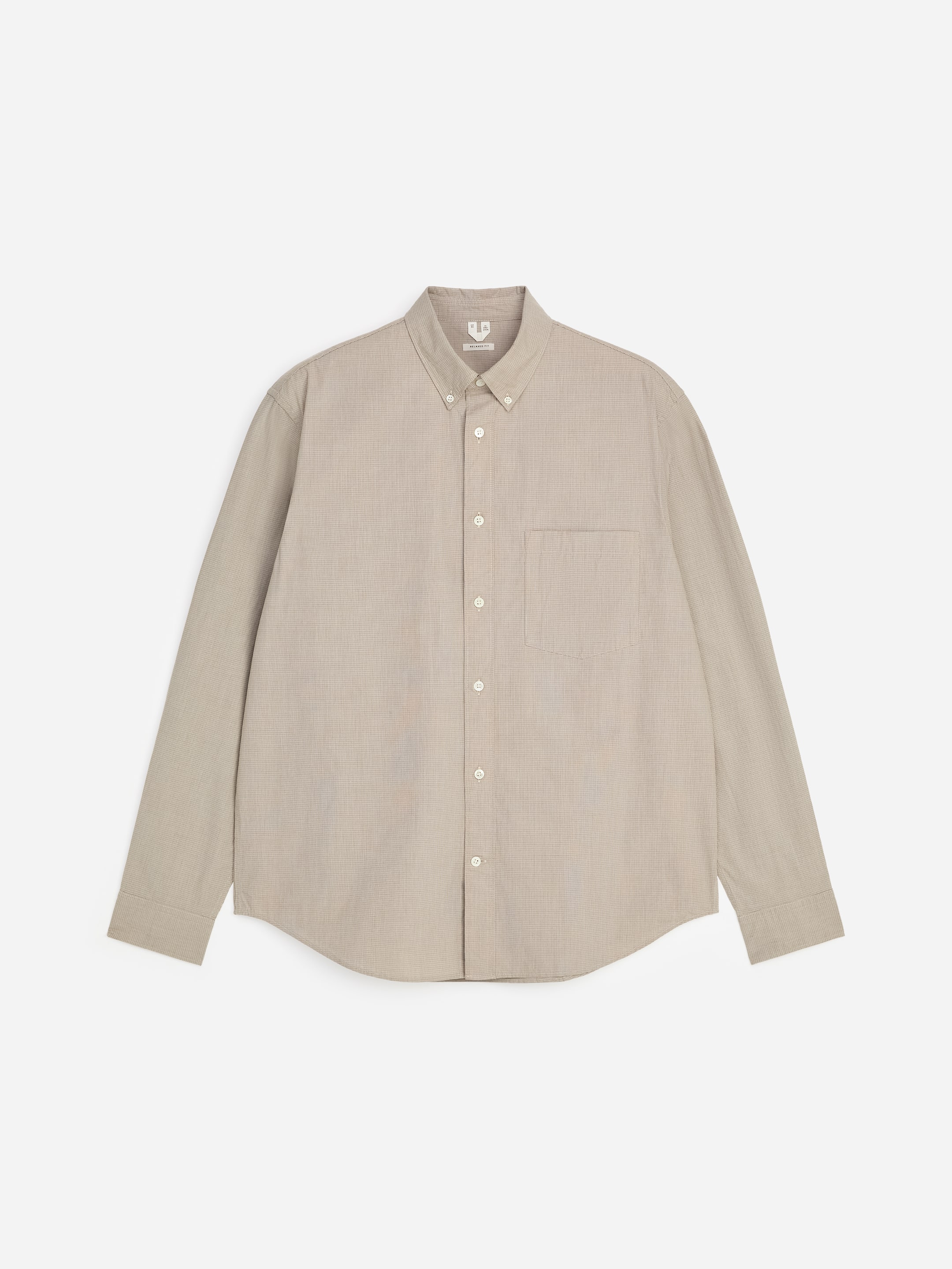 A beige button-up shirt with a subtle check pattern, featuring a chest pocket and a classic collar, displayed against a white background.