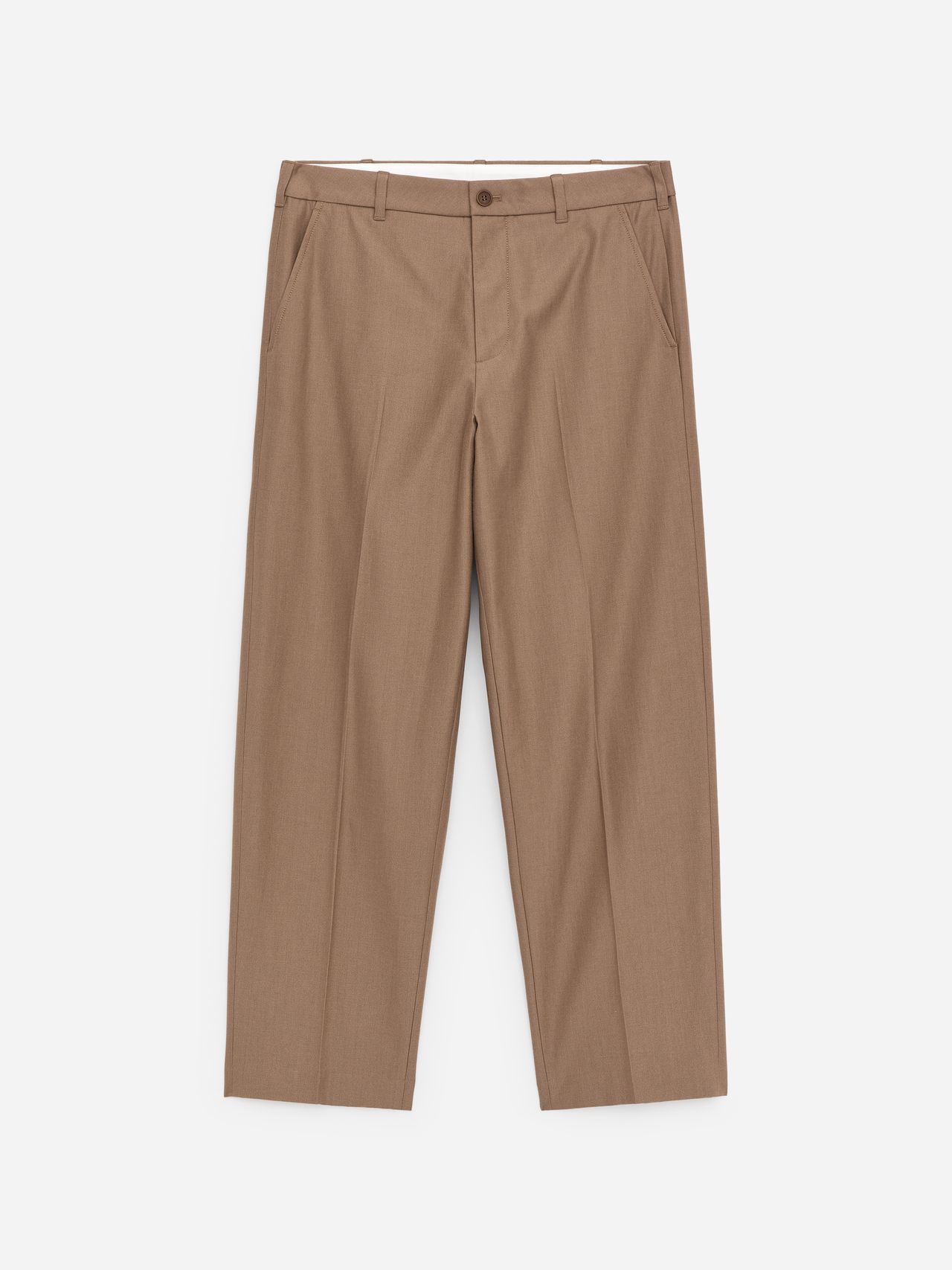 Brown tailored trousers with a button closure, front pleats, and side pockets, displayed against a white background.
