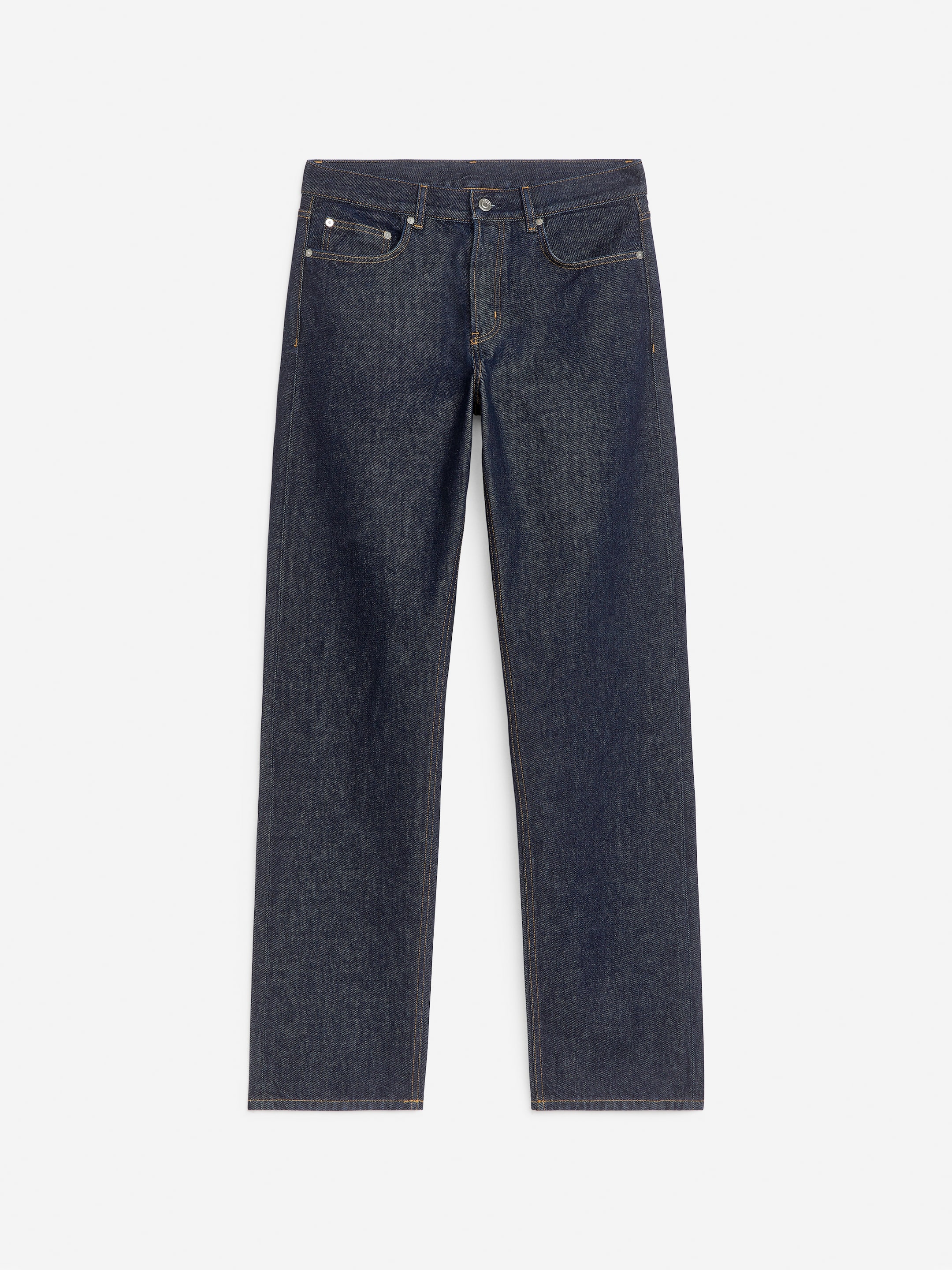 Dark blue straight-leg jeans with a classic five-pocket design, displayed against a white background.