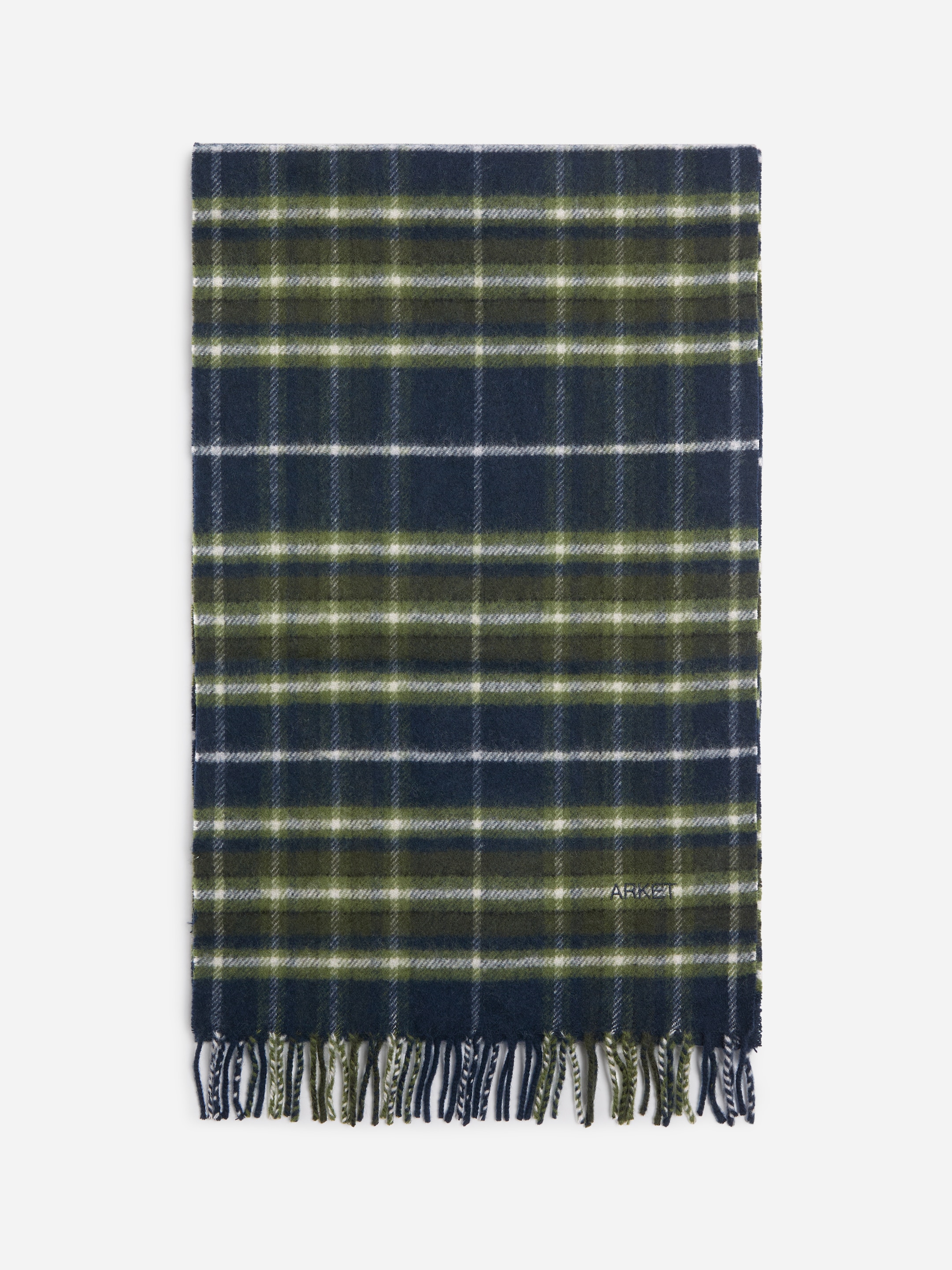 A plaid scarf with navy blue and olive green checkered pattern and fringed ends.