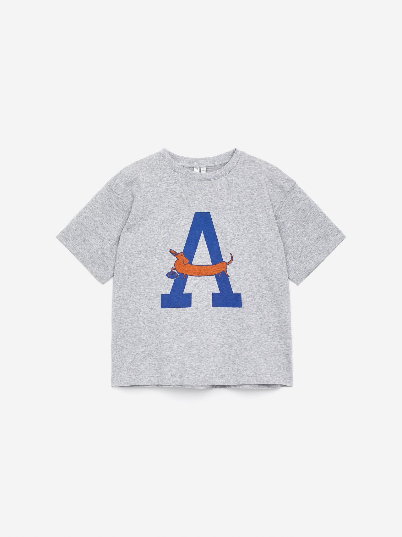 Gray T-shirt featuring a large blue letter "A" with an illustration of a brown dachshund holding a blue ball in its mouth.