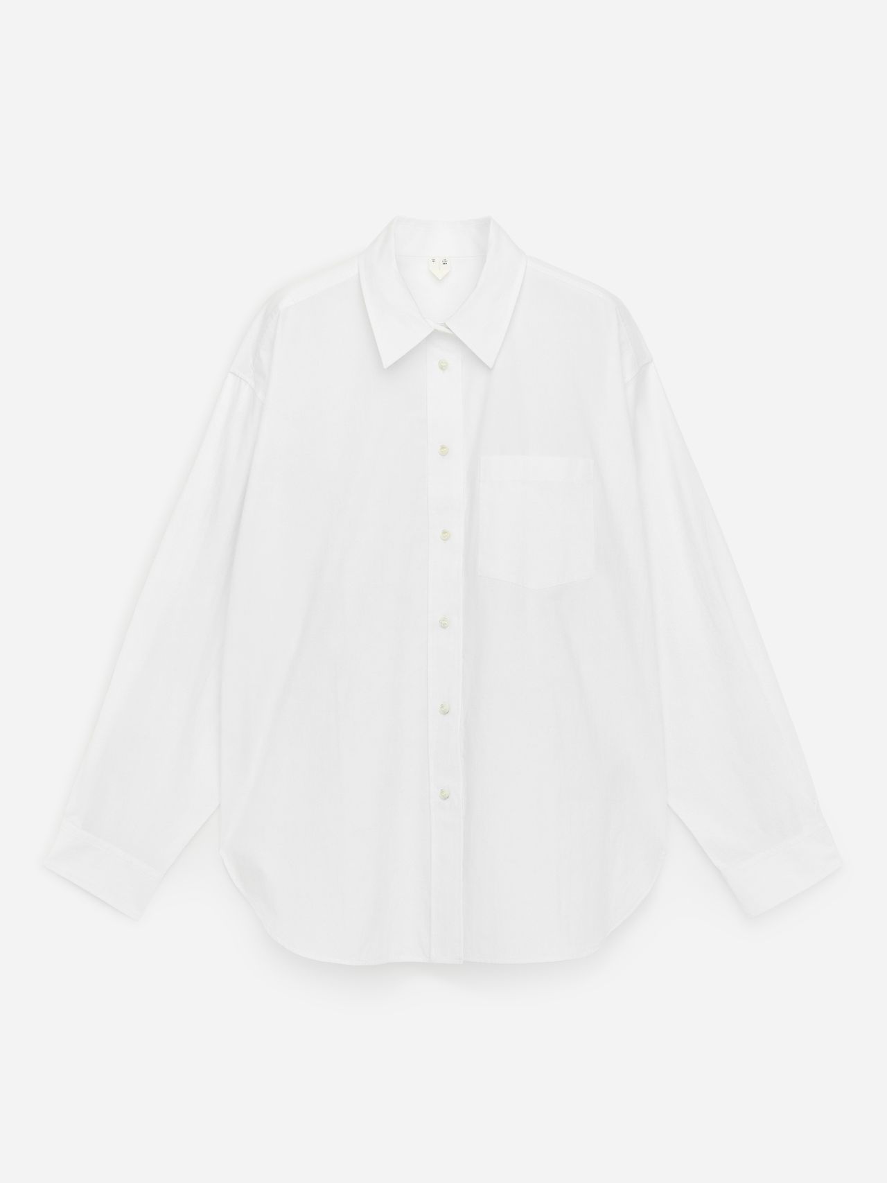 White button-up shirt with long sleeves, a front pocket, and a classic collar, displayed against a plain white background.