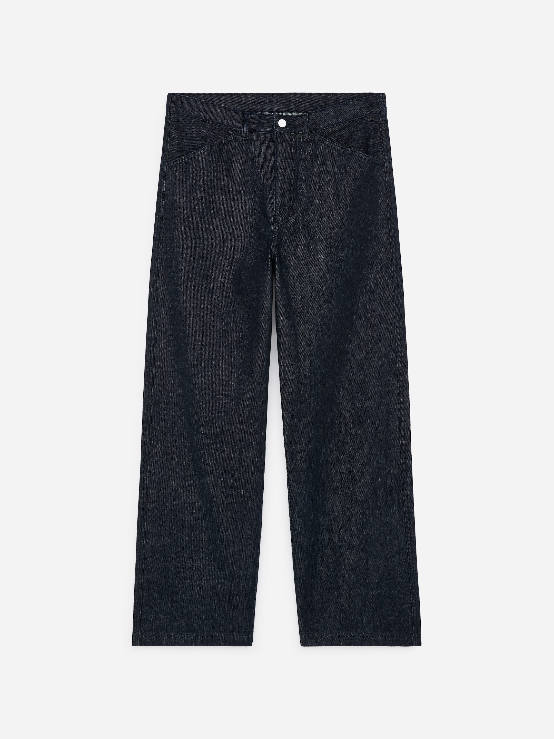 Dark blue denim jeans with a straight-leg cut. They feature a button closure and classic five-pocket design.