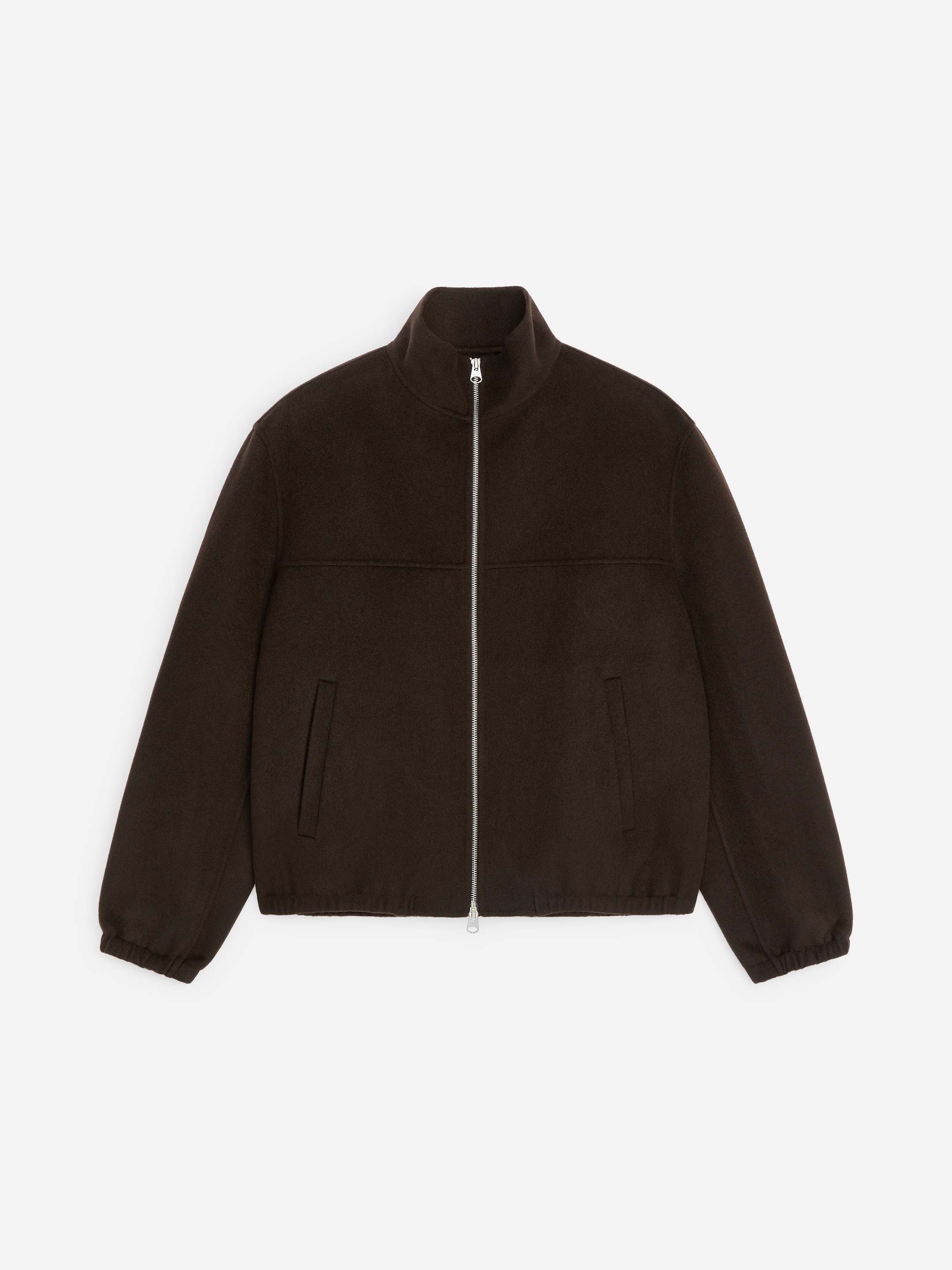 Dark brown zip-up jacket with a high collar and side pockets, displayed on a plain white background.