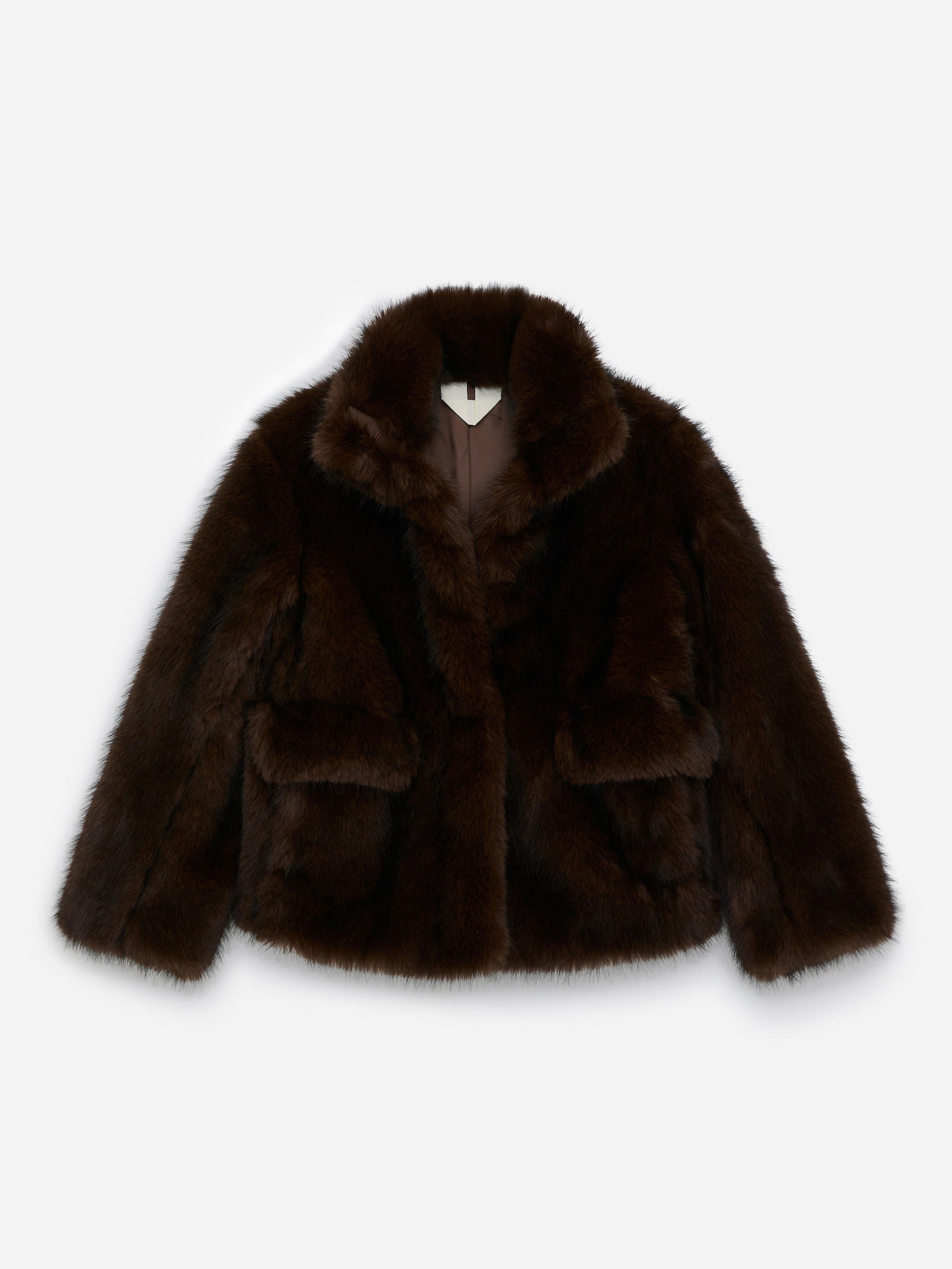 A dark brown faux fur coat with a wide collar and two front pockets, displayed on a plain white background.