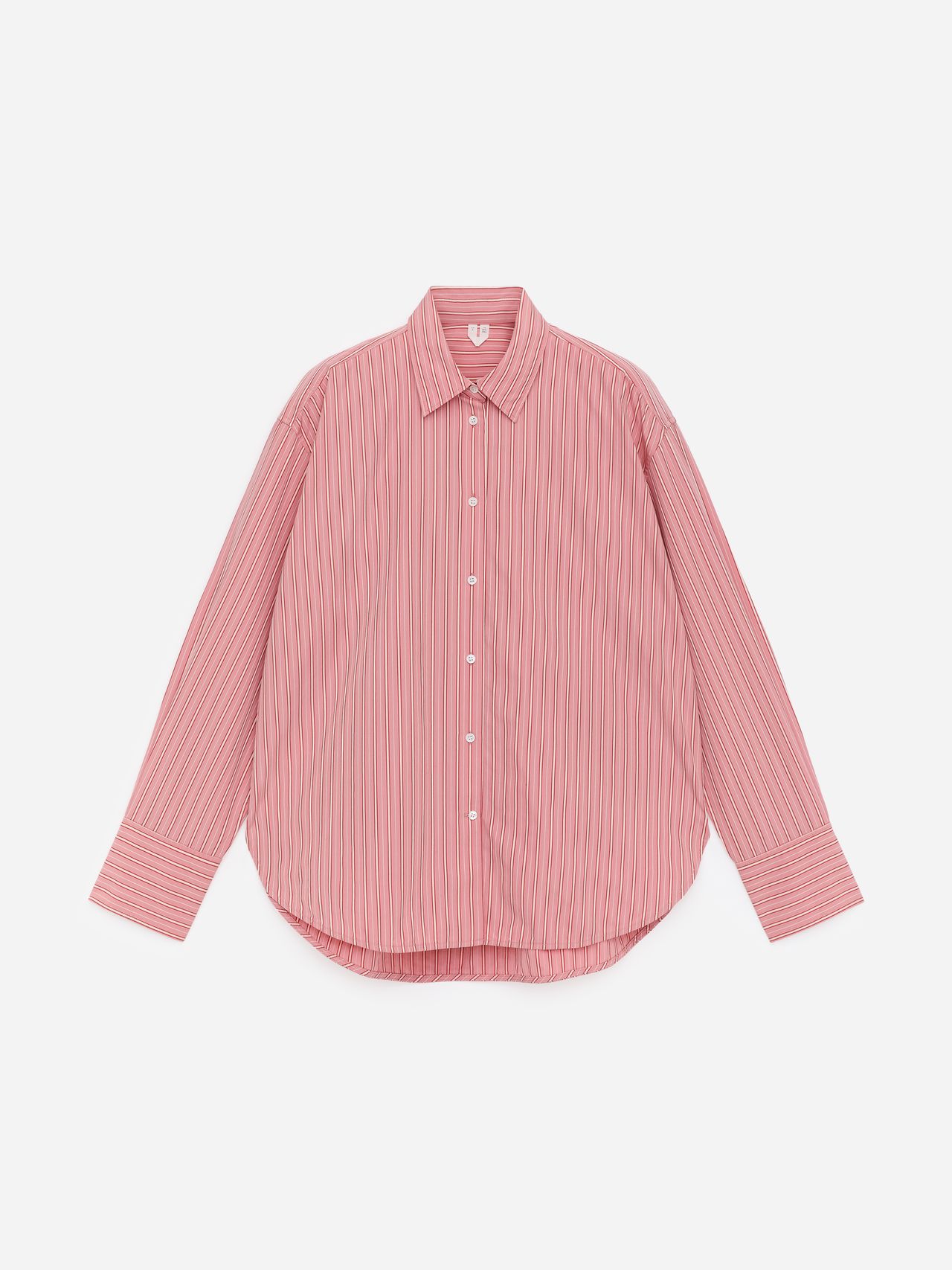 Red and white striped long-sleeve button-up shirt with a collar, shown on a plain white background.