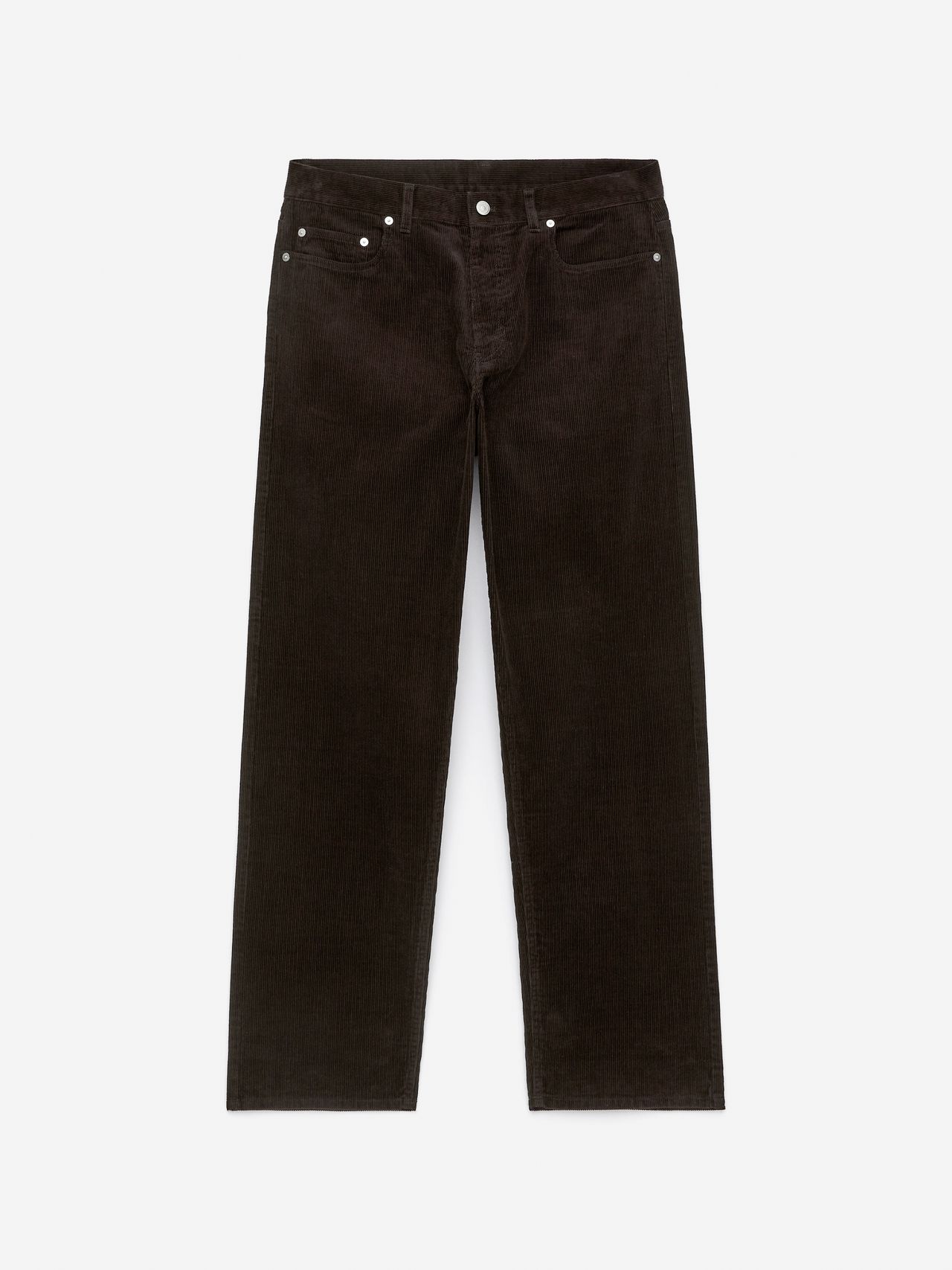Dark brown corduroy pants with a straight-leg fit, featuring front and back pockets, displayed on a white background.